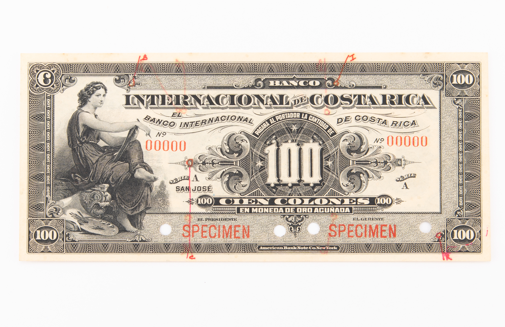 Lot image - Costa Rica, Banco Internacional ND (1914) Cien Colones Specimen Note Pick# 164 S