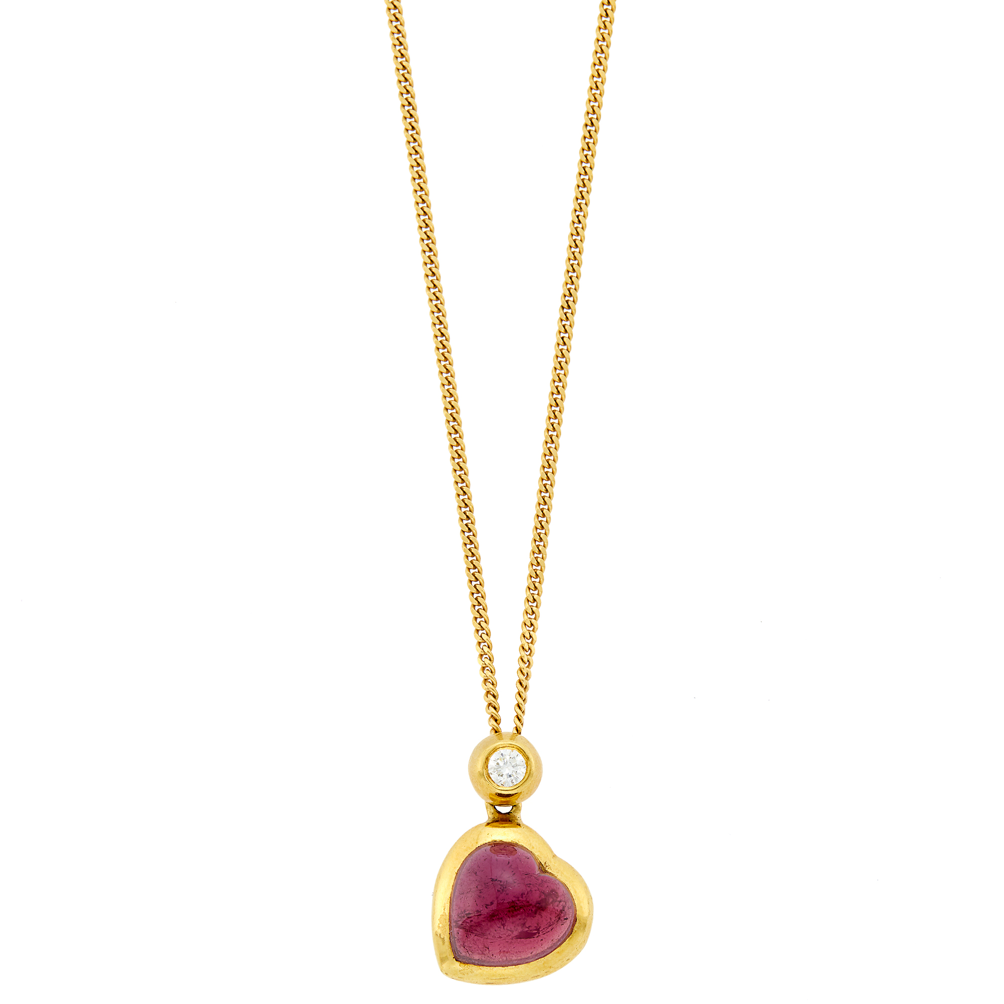 Lot image - M. Stowe Gold, Cabochon Pink Tourmaline and Diamond Heart Pendant with Long Chain Necklace