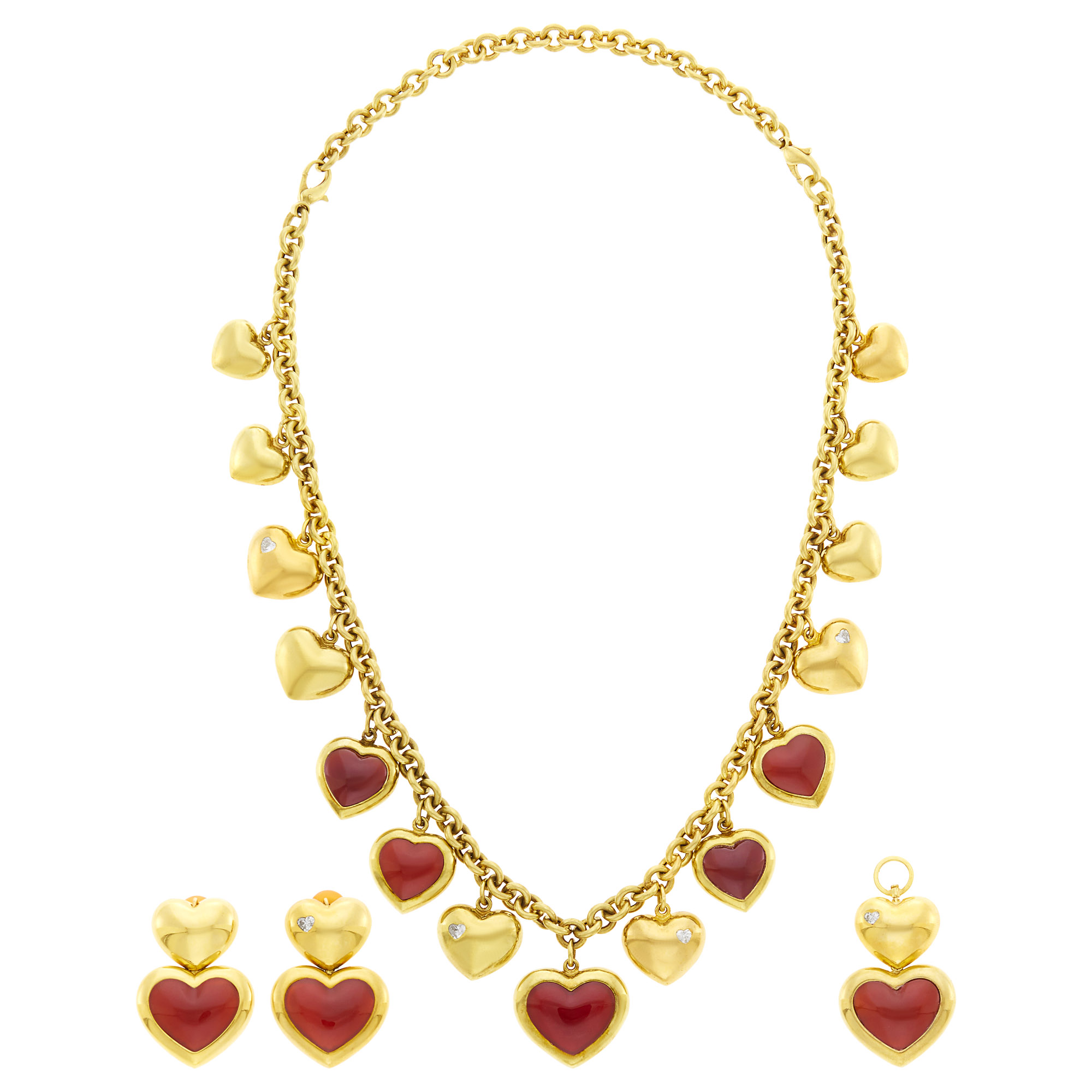 Lot image - Gold, Carnelian and Diamond Heart Charm Necklace, Pair of Pendant-Earclips and Pendant