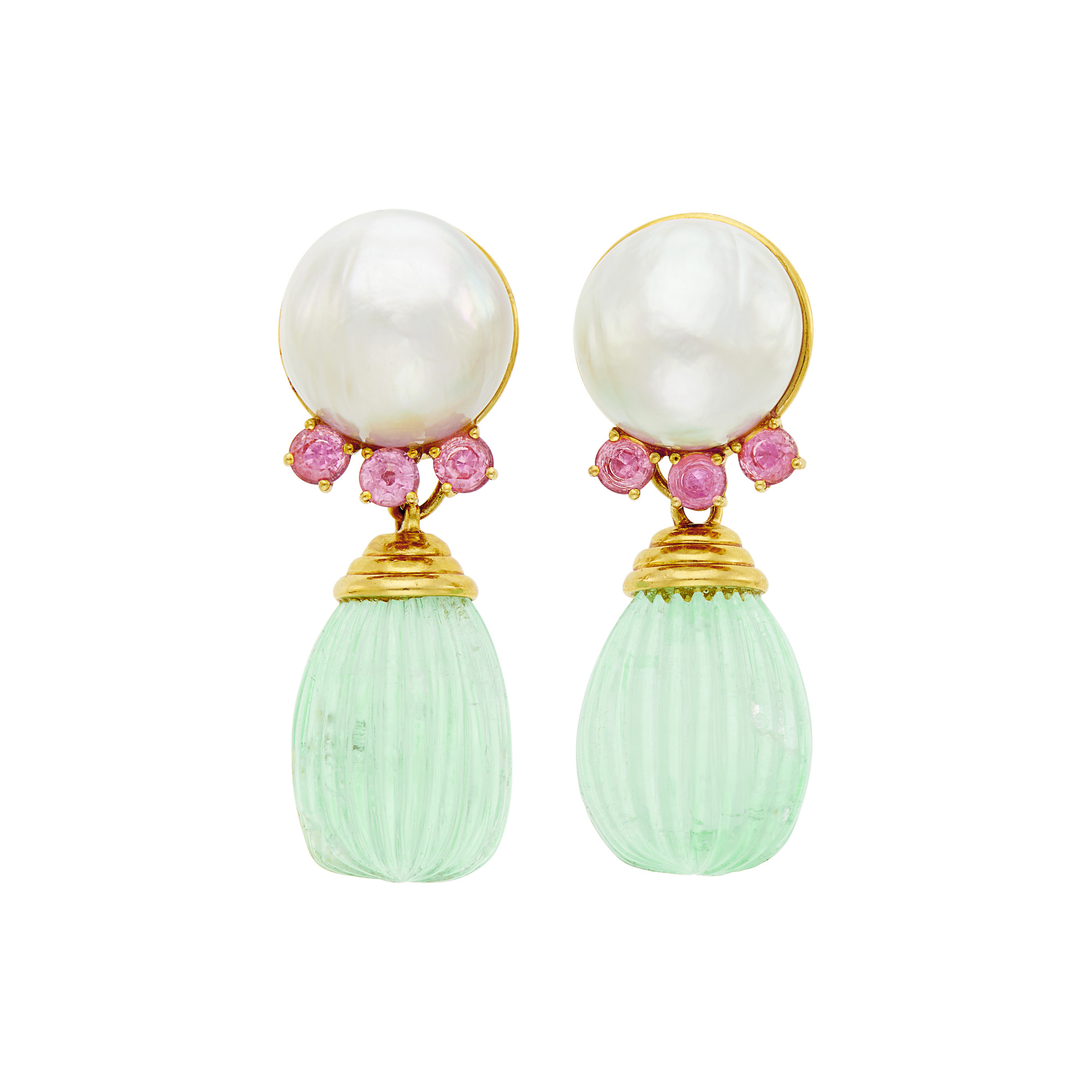 Lot image - Seaman Schepps Pair of Gold, Cultured Pearl, Fluted Emerald and Pink Tourmaline Pendant-Earclips