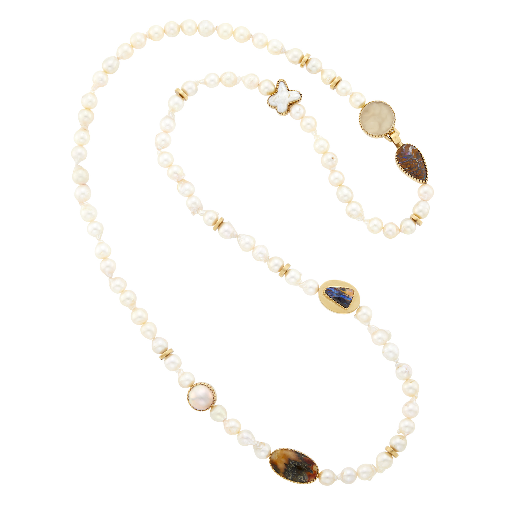 Lot image - Long Gold, Baroque Cultured Pearl and Hardstone Necklace