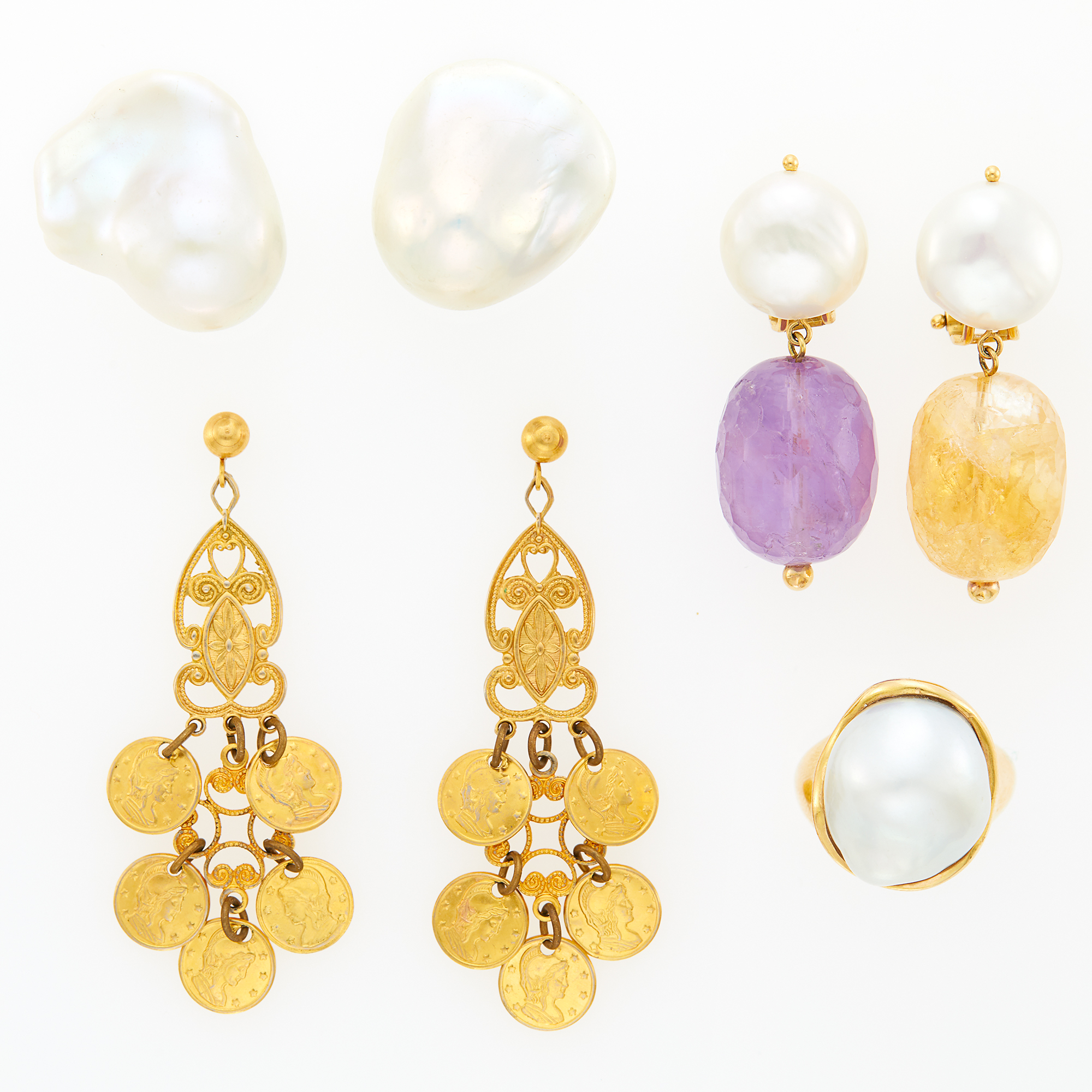 Lot image - Two Pairs of Yellow and White Gold, Baroque and Freshwater Pearl, Amethyst and Citrine Earclips, Ring and Pair of Costume Earrings