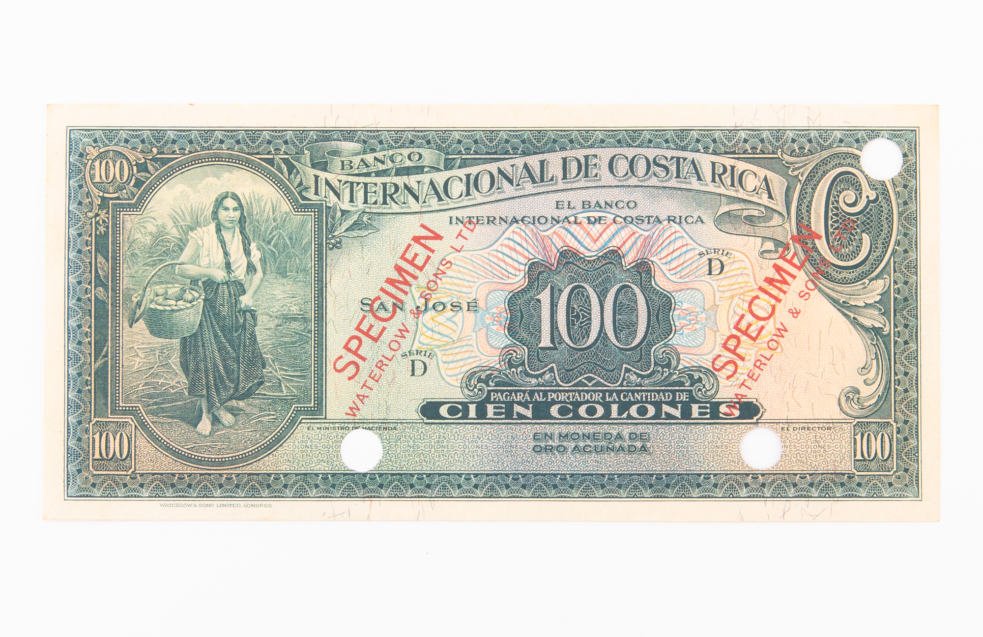 Lot image - Costa Rica, Banco Internacional Series D ND (1933-35) Cien Colones Color Trial Specimen Note Pick# 182 CTS