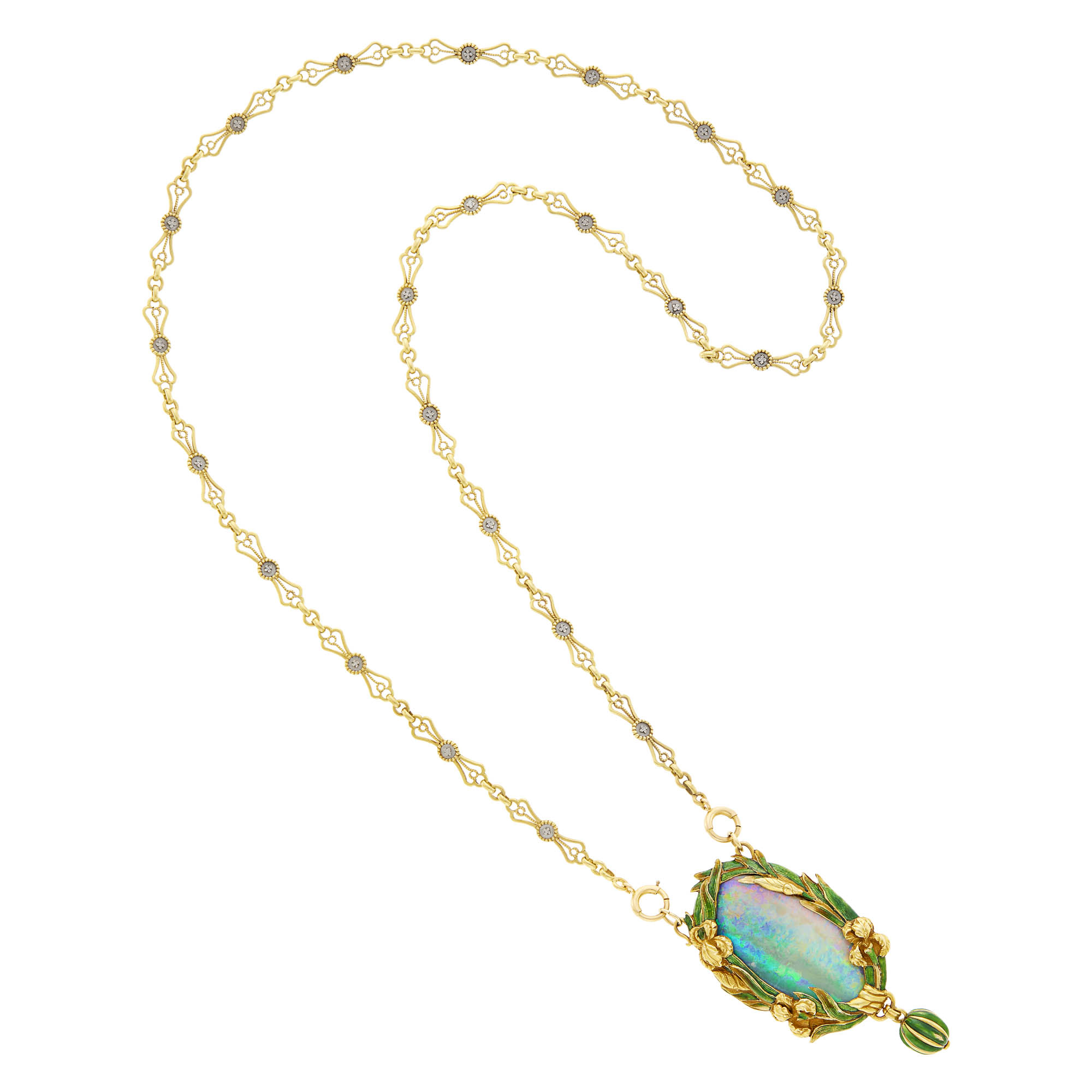 Lot image - Attributed to Marcus & Co. Art Nouveau Gold, Opal, Green and Brown Enamel Iris Pendant with Gold and Gray Enamel Chain Necklace