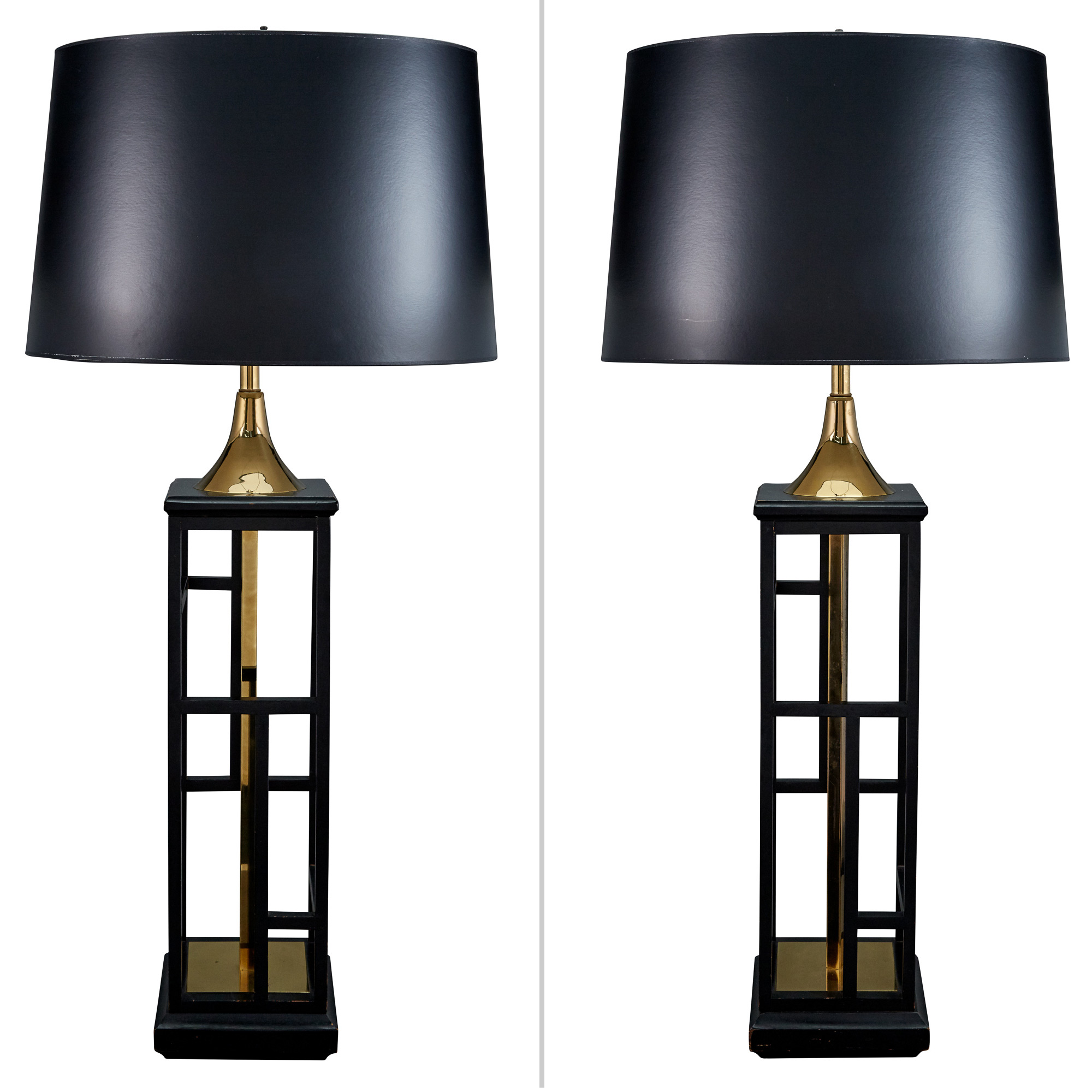 Lot image - Pair of Modern Design Brass Finish Metal and Black Painted Wood Lamps