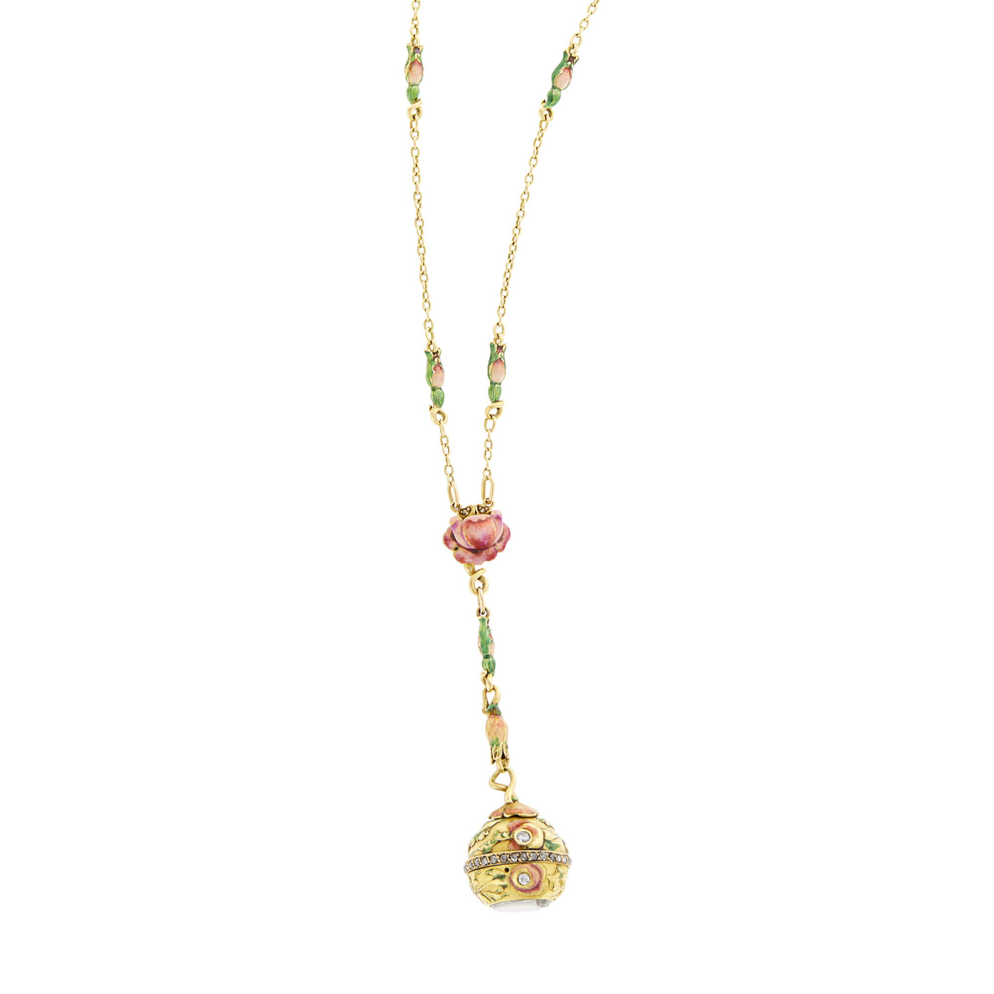Lot image - Art Nouveau Long Gold, Multicolored Enamel and Diamond Pendant-Watch Necklace