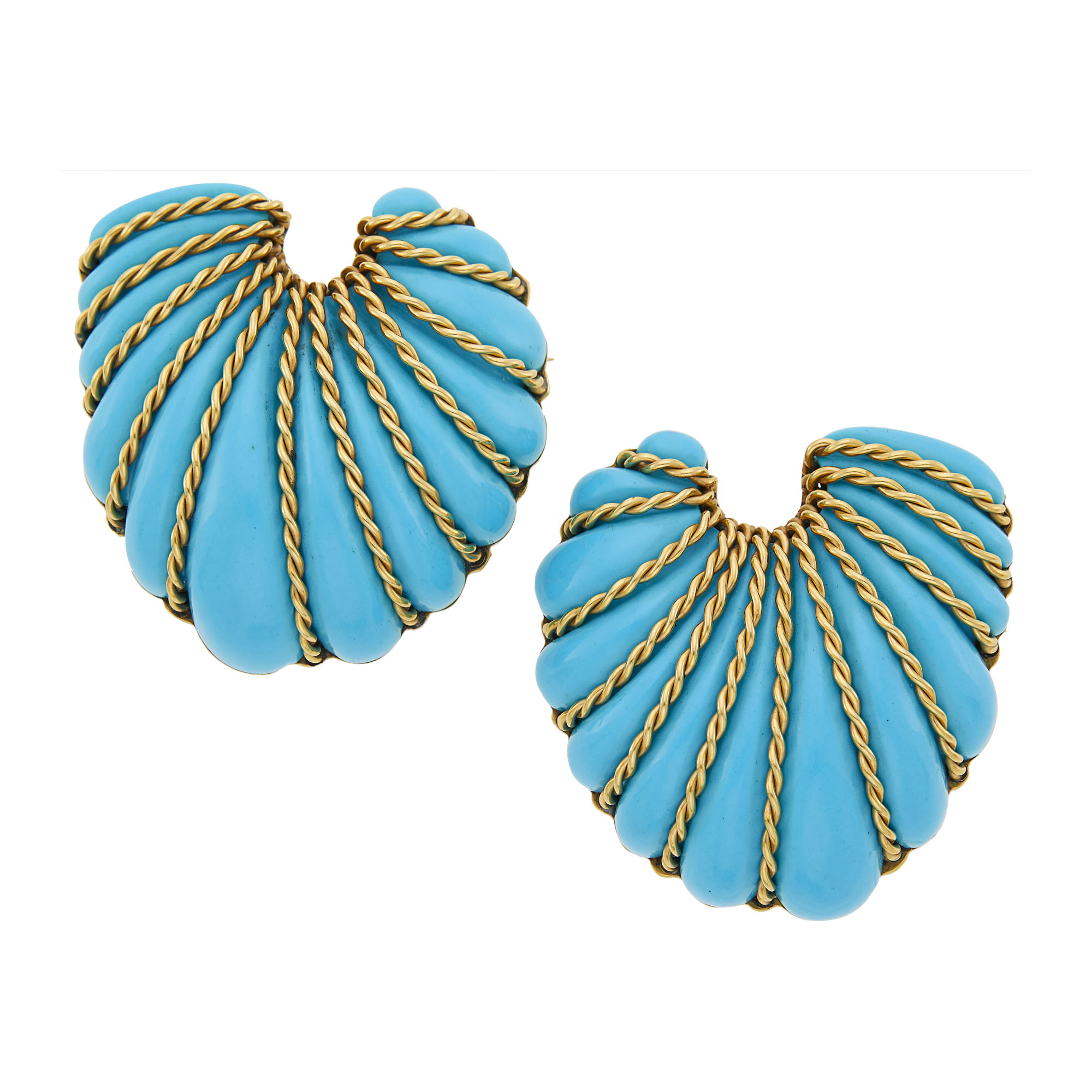 Lot image - Seaman Schepps Pair of Gold and Turquoise Composite Shell Brooches