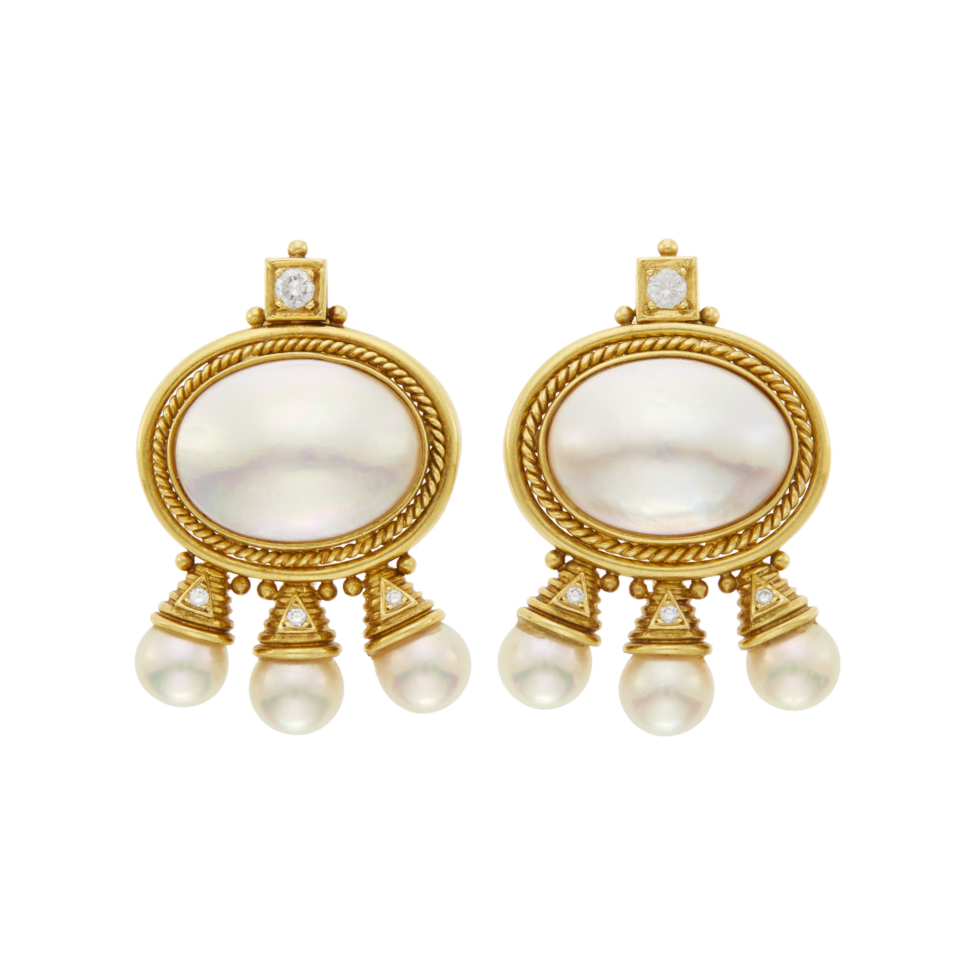 Lot image - Pair of Gold, Mabé and Cultured Pearl and Diamond Earclips