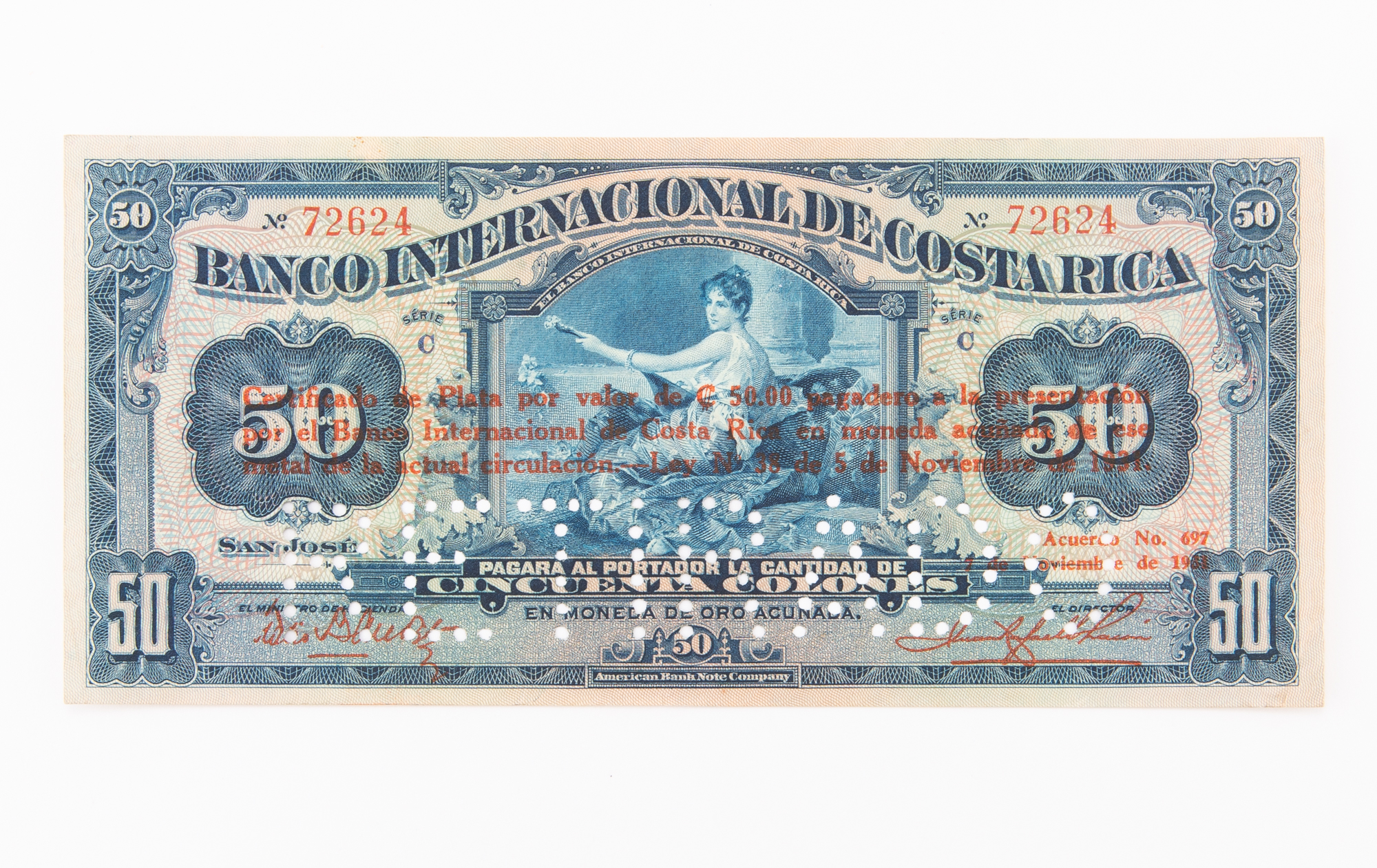 Lot image - Costa Rica, Banco Internacional 1931 Overprint in 3 Lines on Cincuenta Colones Cancelled Note Pick# 177 var.