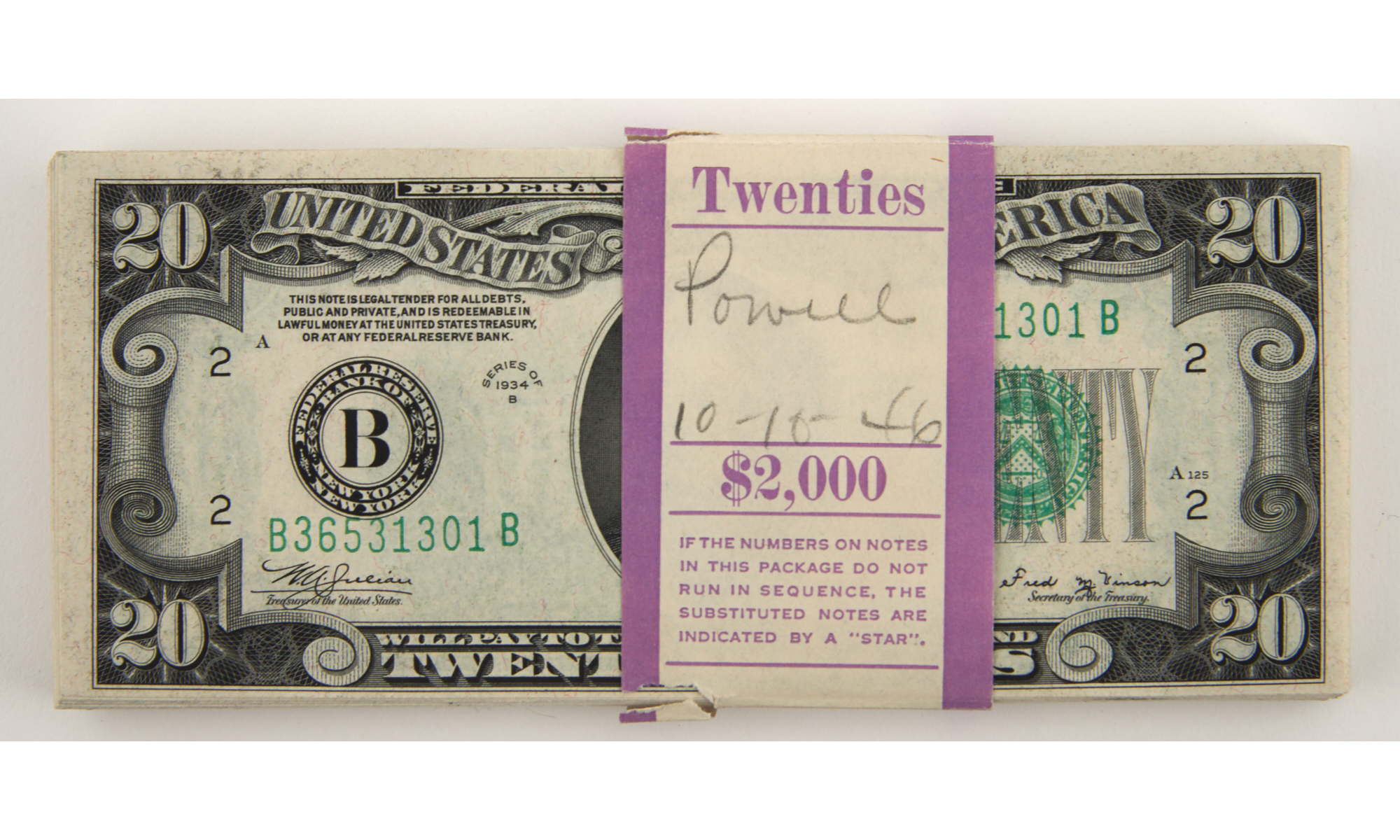 Lot image - United States Small Size Federal Reserve $20 1934B Pack Fr 2056 B