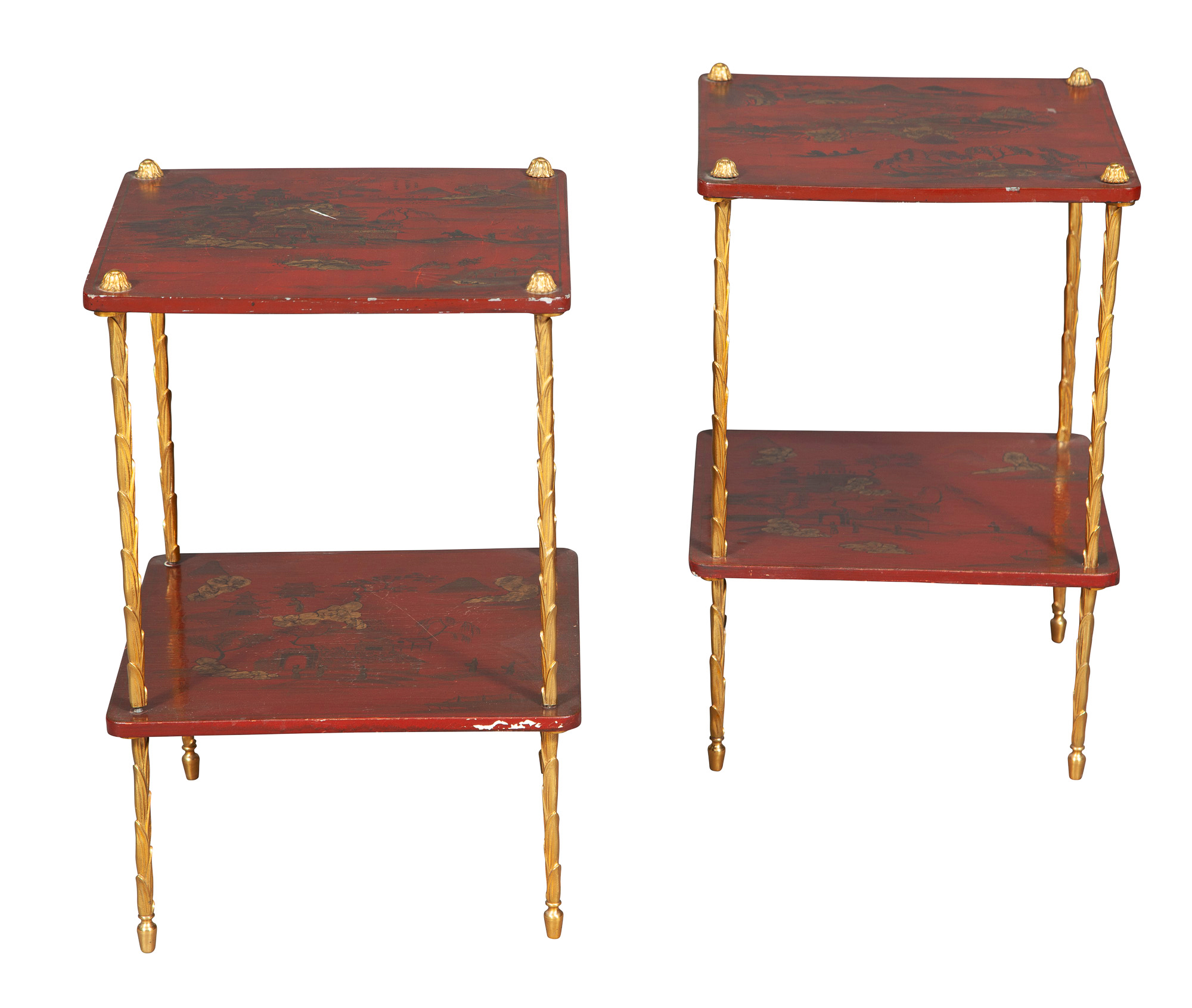Lot image - Pair of Red Lacquer and Gilt-Metal Two Tier Tables