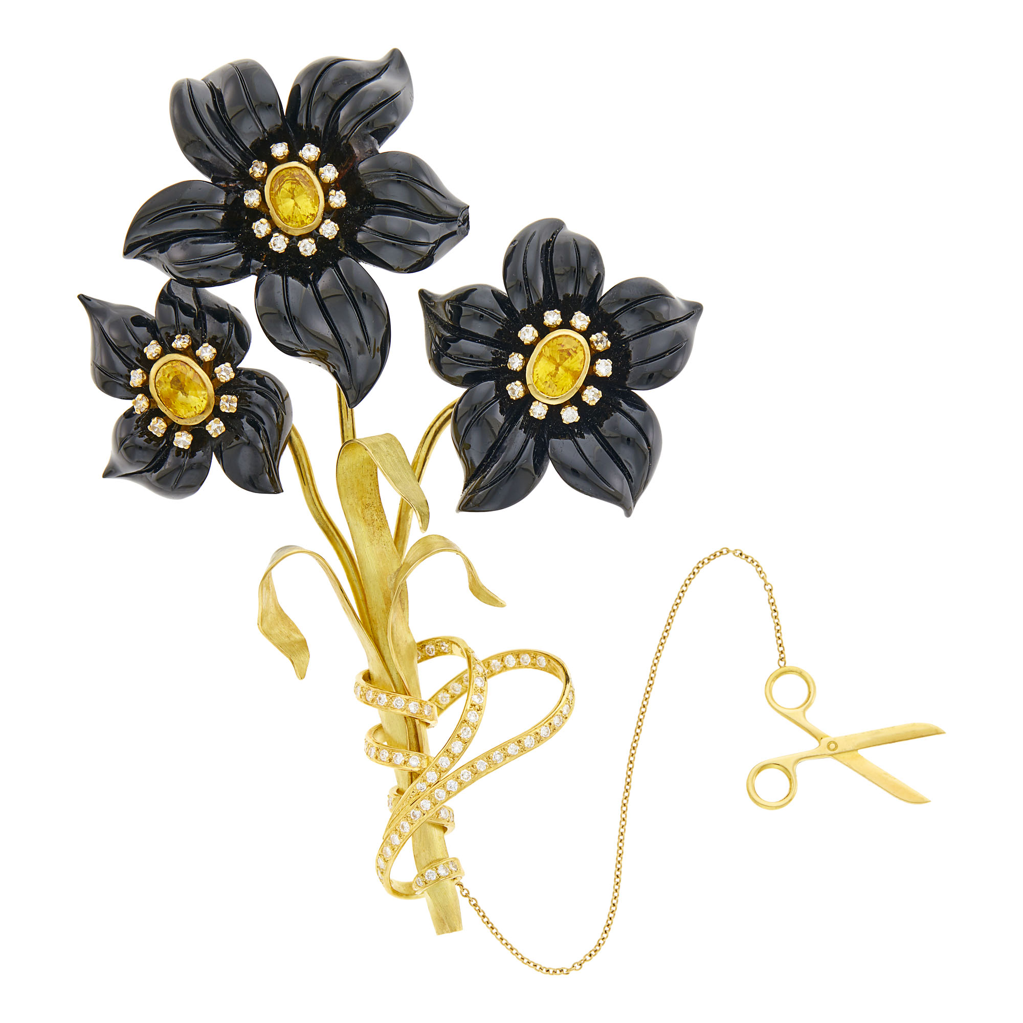 Lot image - Gold, Carved Black Onyx, Yellow Sapphire and Diamond Floral Brooch with Scissor Attachment