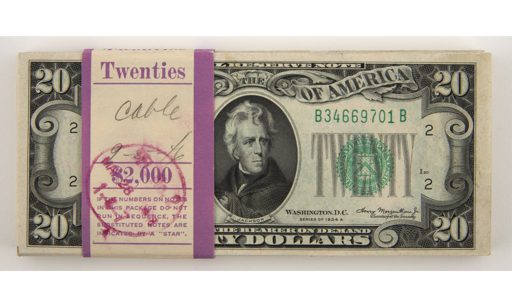 Lot image - United States Small Size Federal Reserve $20 1934A Pack Fr 2055 B