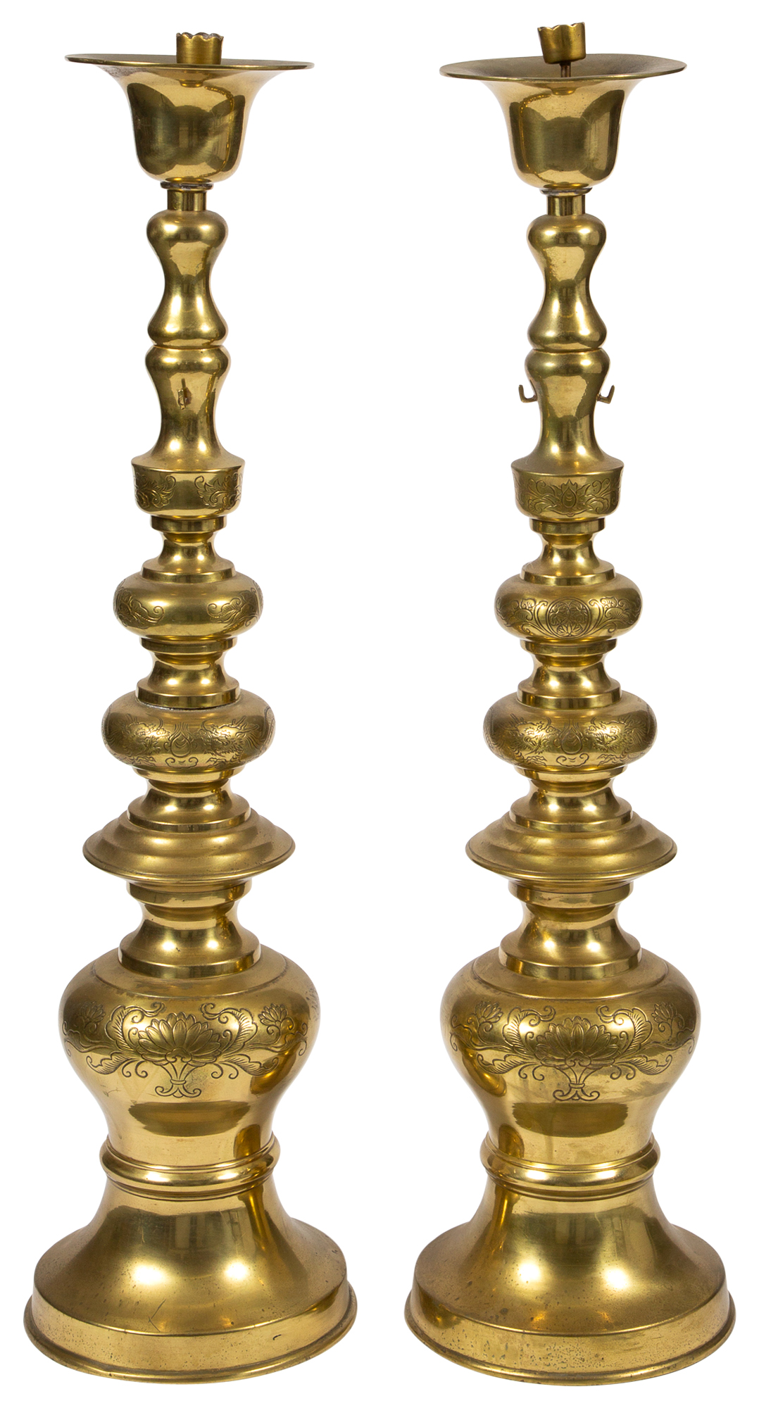 Lot image - Pair of Indian Brass Tall Candlesticks