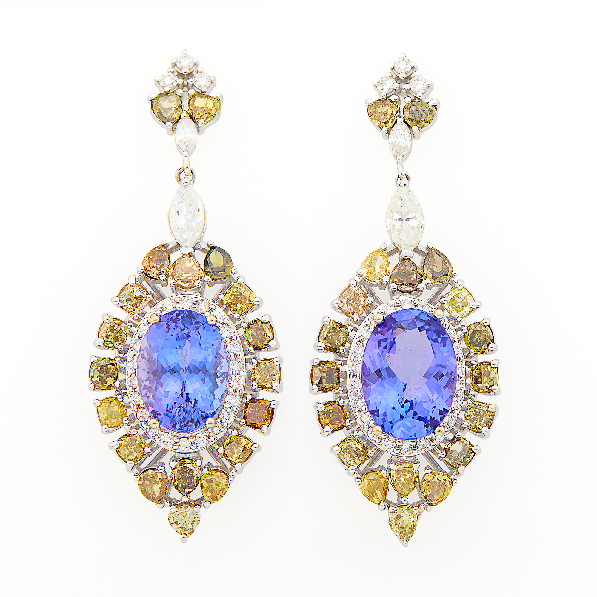 Lot image - Pair of White Gold, Tanzanite, Colored Diamond and Diamond Pendant-Earrings