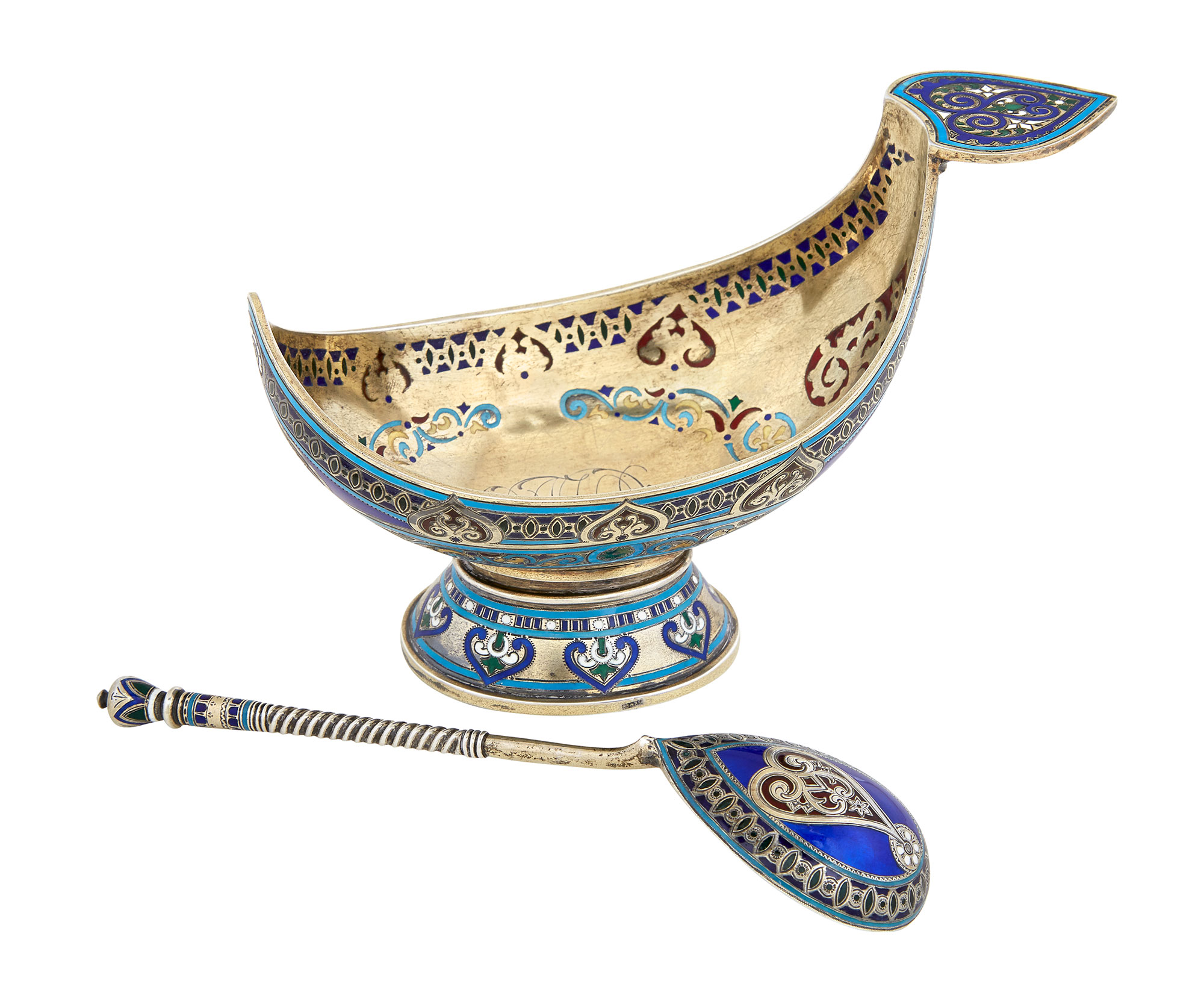 Lot image - Russian Silver-Gilt Champlevé and Plique-à-Jour Enamel Kovsh and Spoon