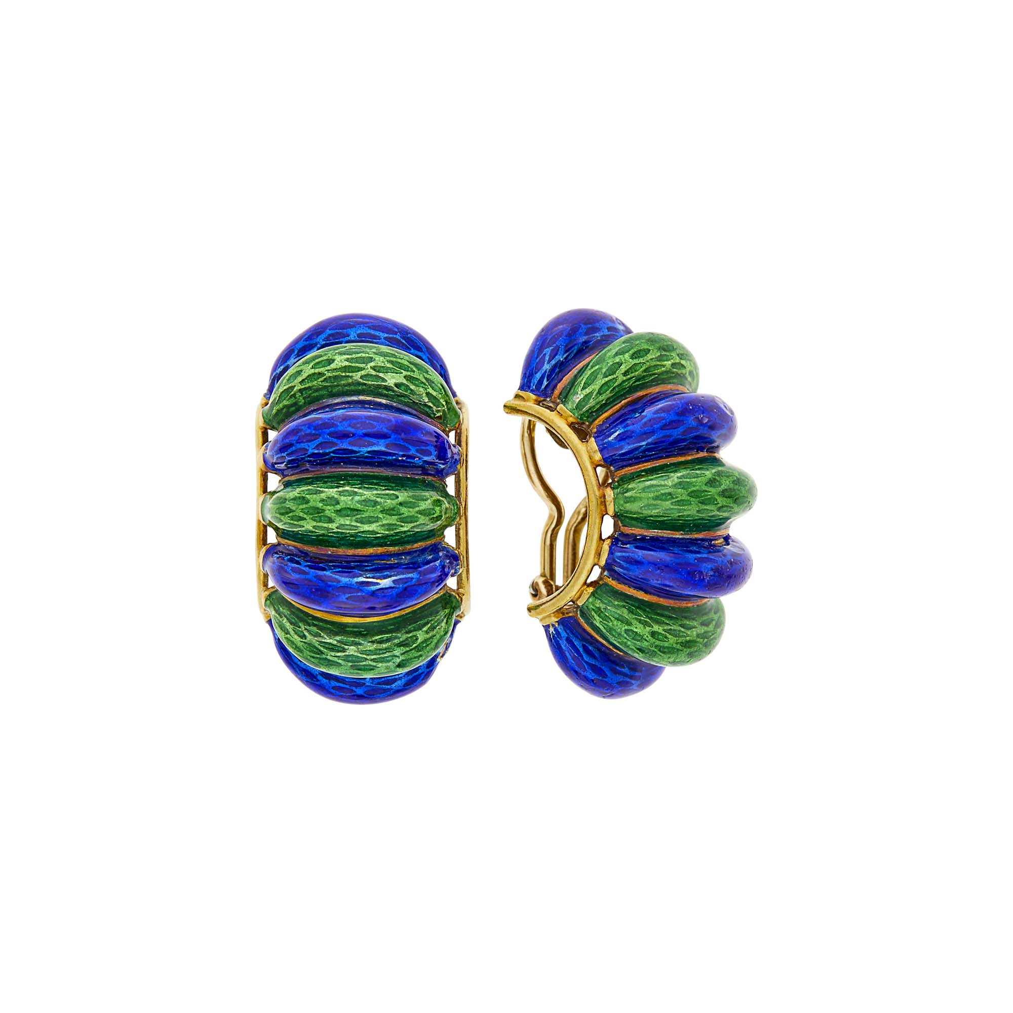Lot image - Pair of Gold and Blue and Green Enamel Shrimp Bombé Earclips