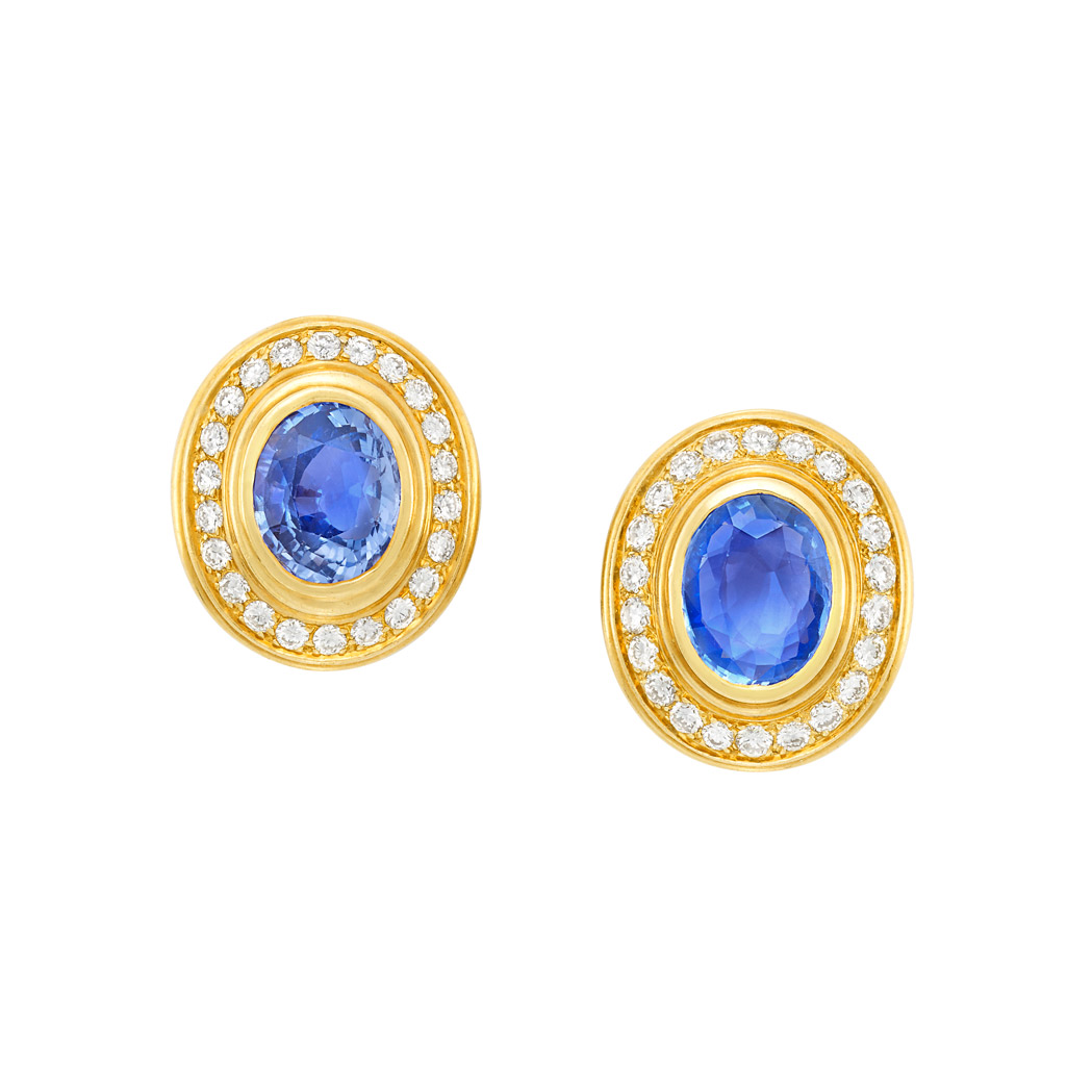 Lot image - Pair of Gold, Sapphire and Diamond Earclips