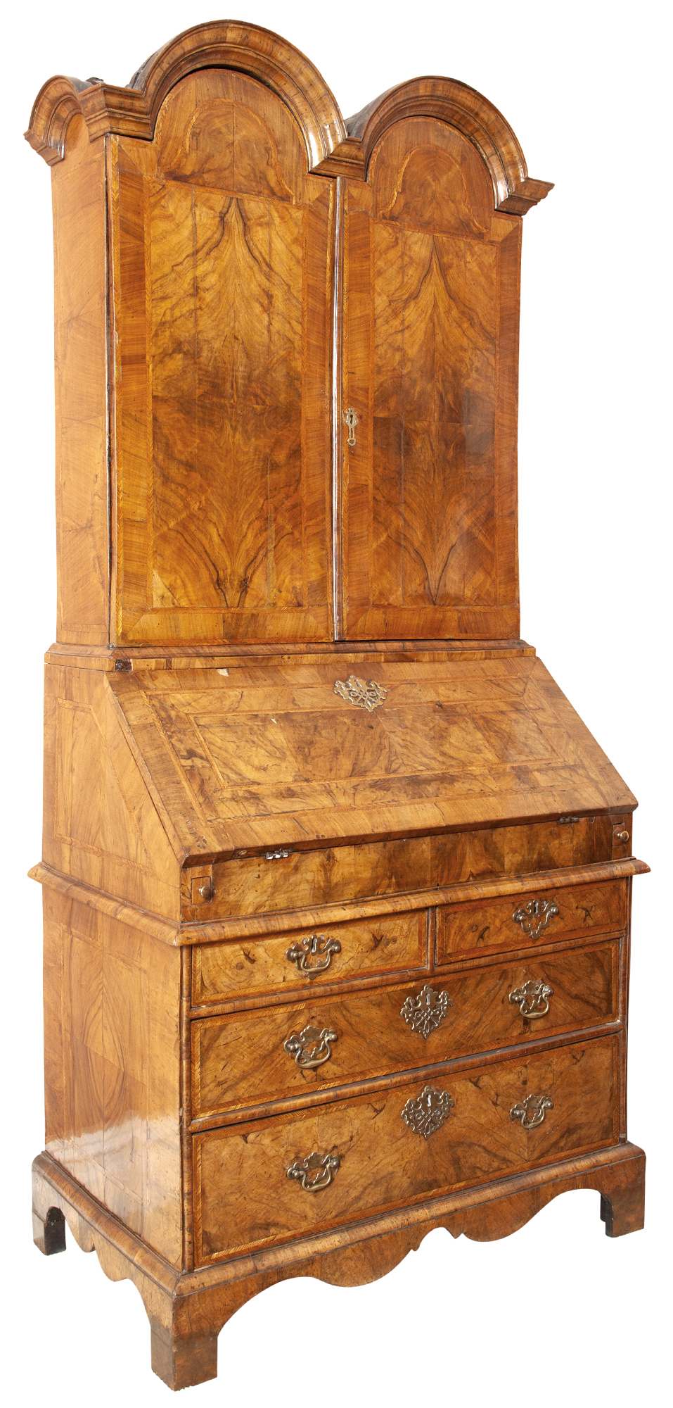 Lot image - English or Continental Figured and Inlaid Walnut Double-Domed Bureau Bookcase