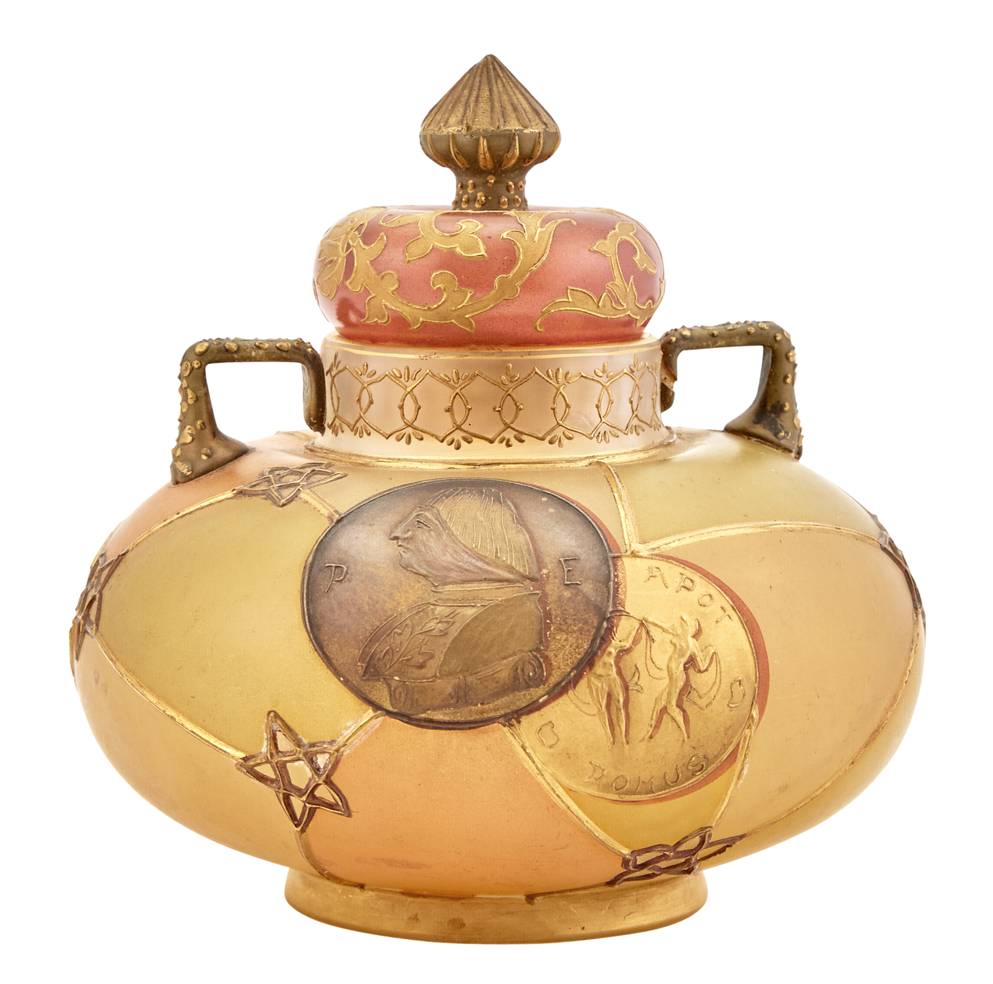 Lot image - Mount Washington Glass Company Royal Flemish Gilt and Stained Glass Two-Handled Jar and Cover