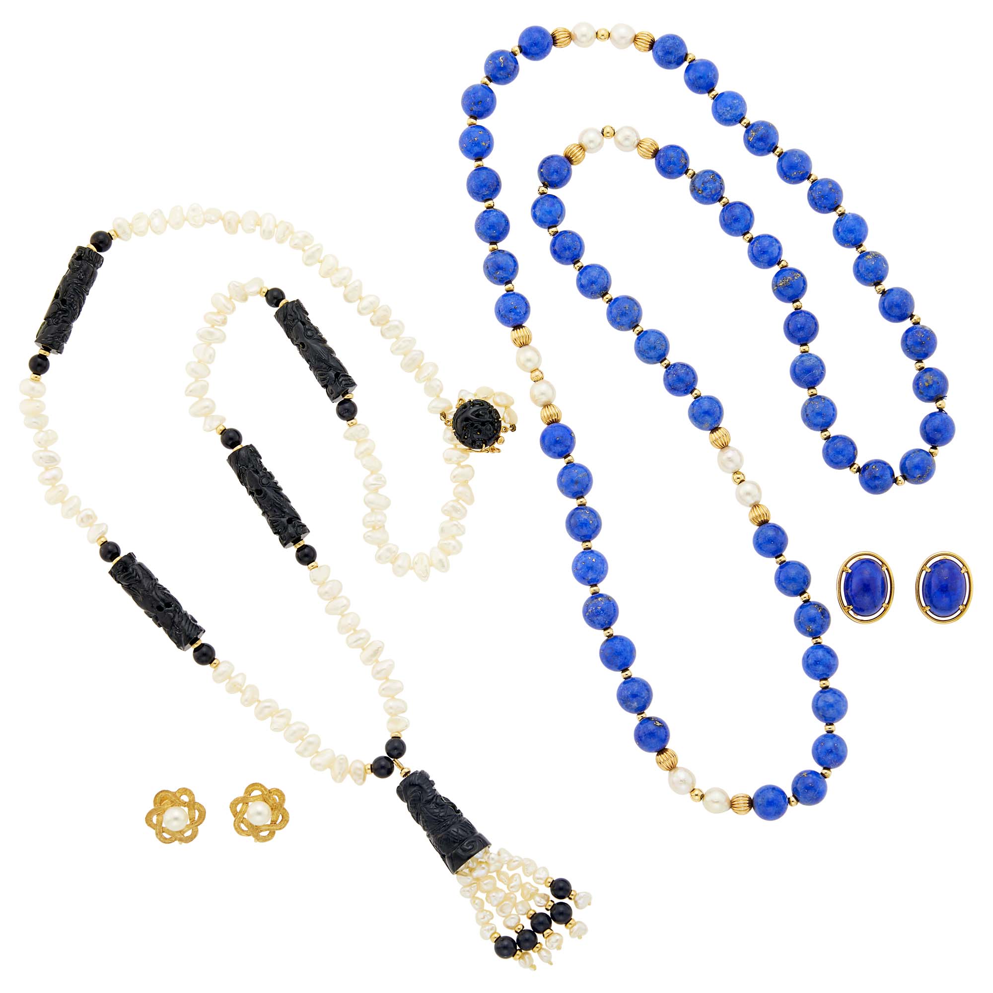 Lot image - Two Lapis and Black Onyx Bead, Semi and Baroque Freshwater and Cultured Pearl Necklaces and Two Pairs of Earclips