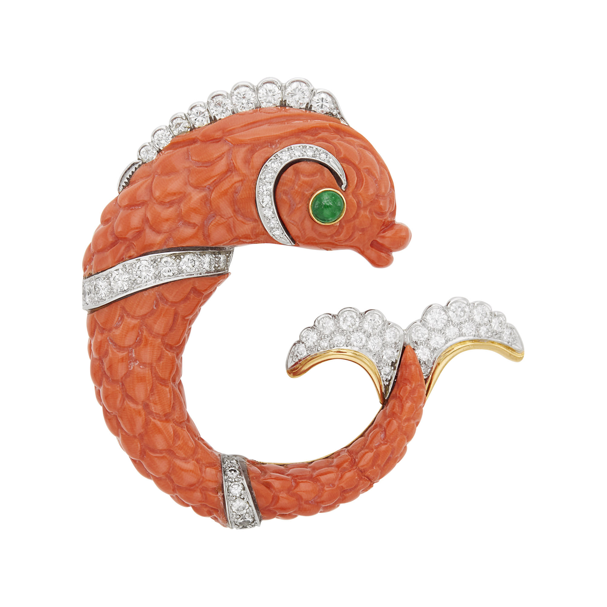 Lot image - David Webb Carved Coral, Gold, Platinum, Diamond and Cabochon Emerald Dolphin Clip-Brooch