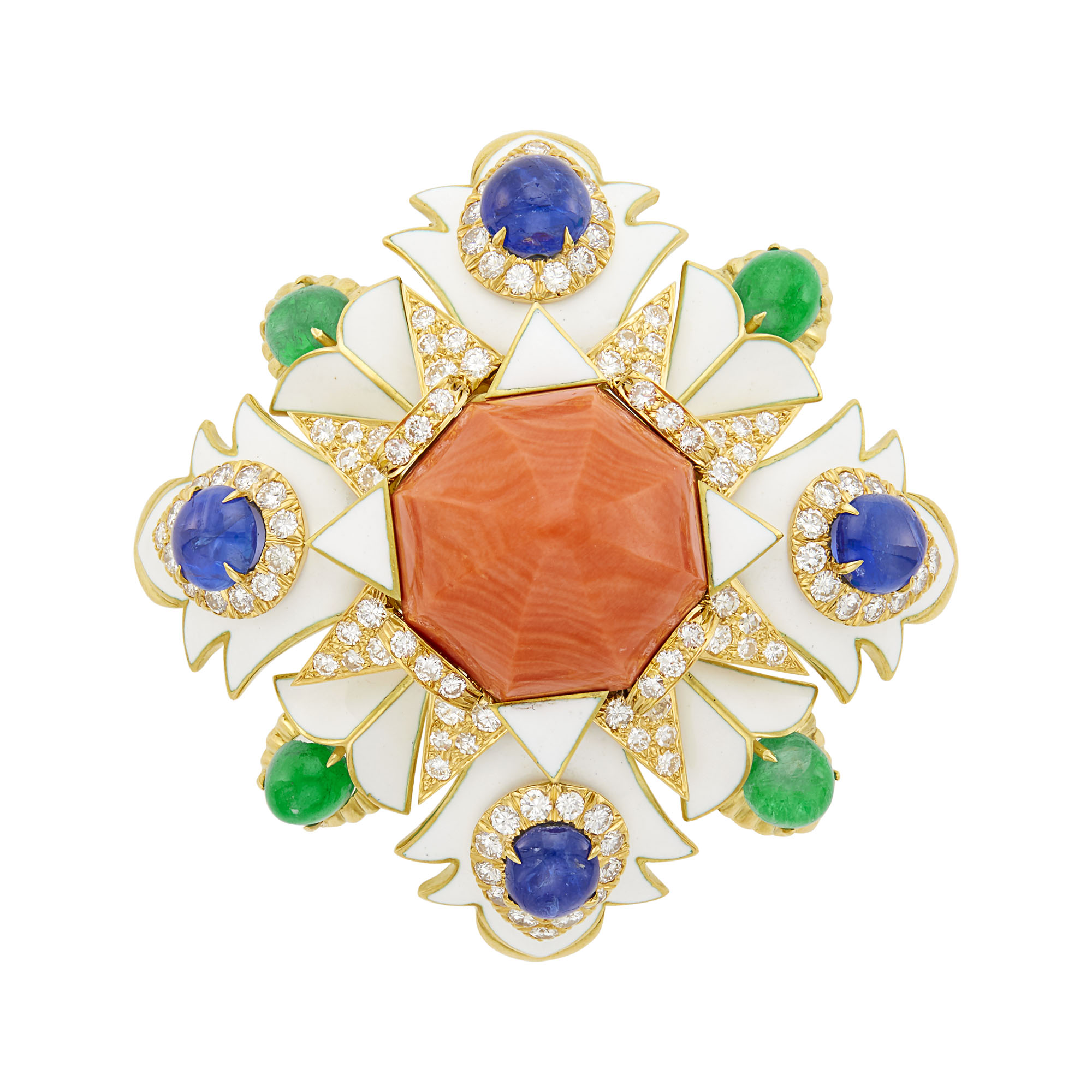 Lot image - David Webb Gold, White Enamel, Coral, Cabochon Emerald and Sapphire and Diamond Maltese Cross Pendant Clip-Brooch