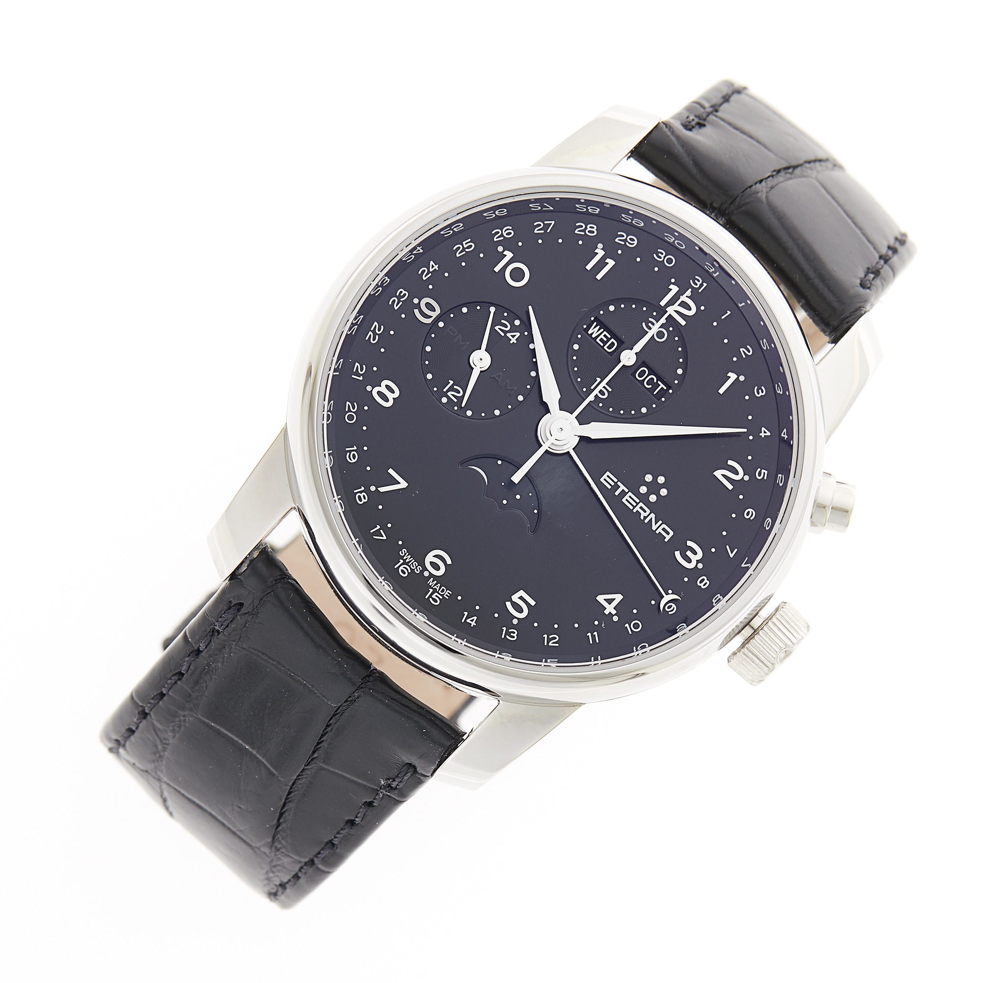 Lot image - Eterna Stainless Steel Soleure Moonphase Chronograph Wristwatch, Ref. 118340.4144.1175