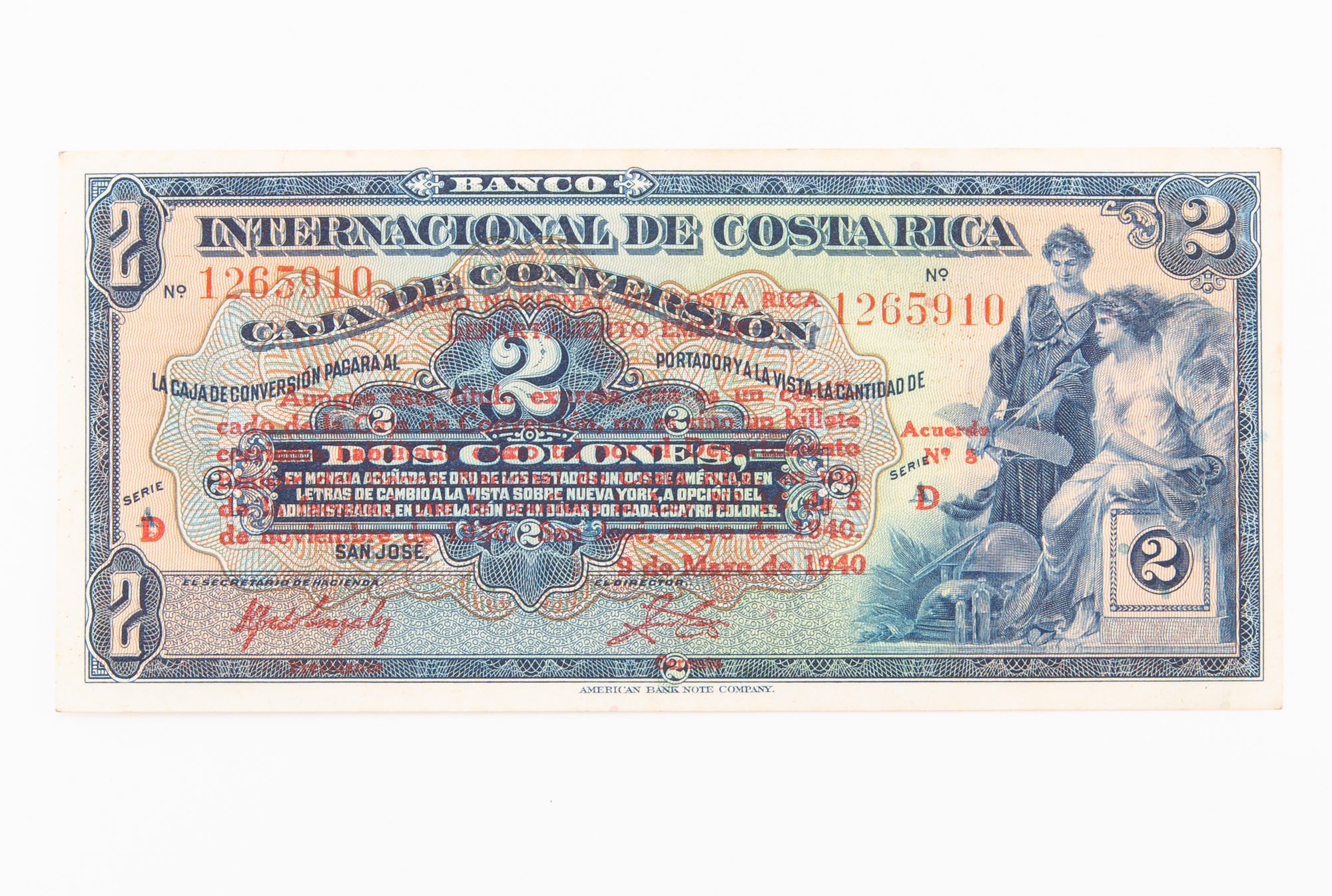 Lot image - Costa Rica, Banco National Dos Colones 1940 Provisional Overprint Type C Pick# 197