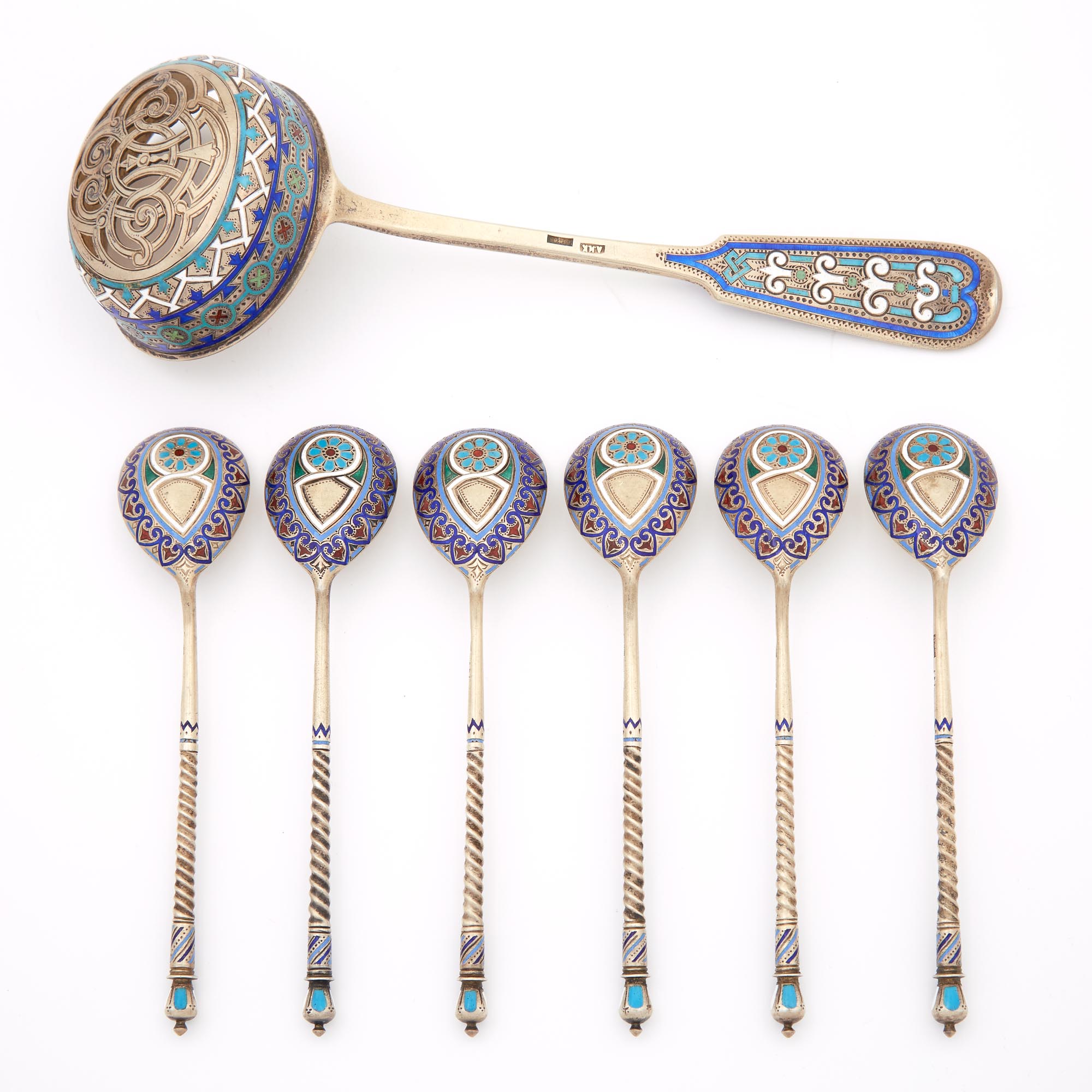 Lot image - Set of Six Russian Silver and Champlevé Enamel Teaspoons and a Tea Strainer