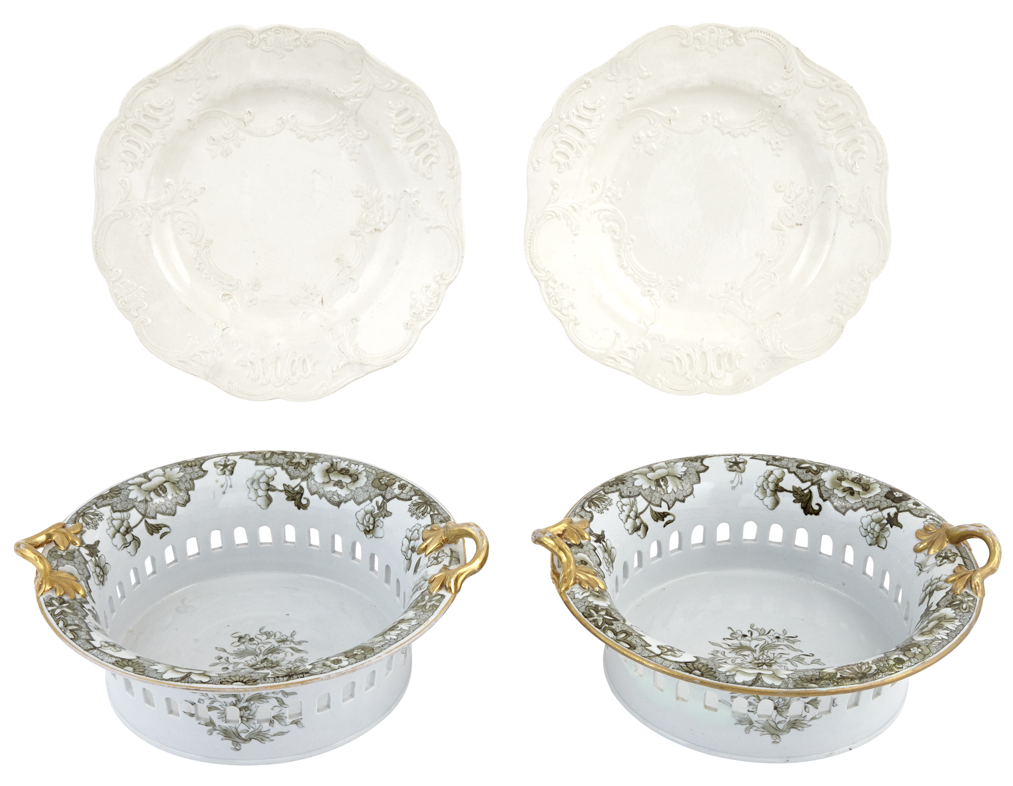 Lot image - Pair of Spode New Stone Transfer and Gilt Decorated Ironstone Reticulated Bowls