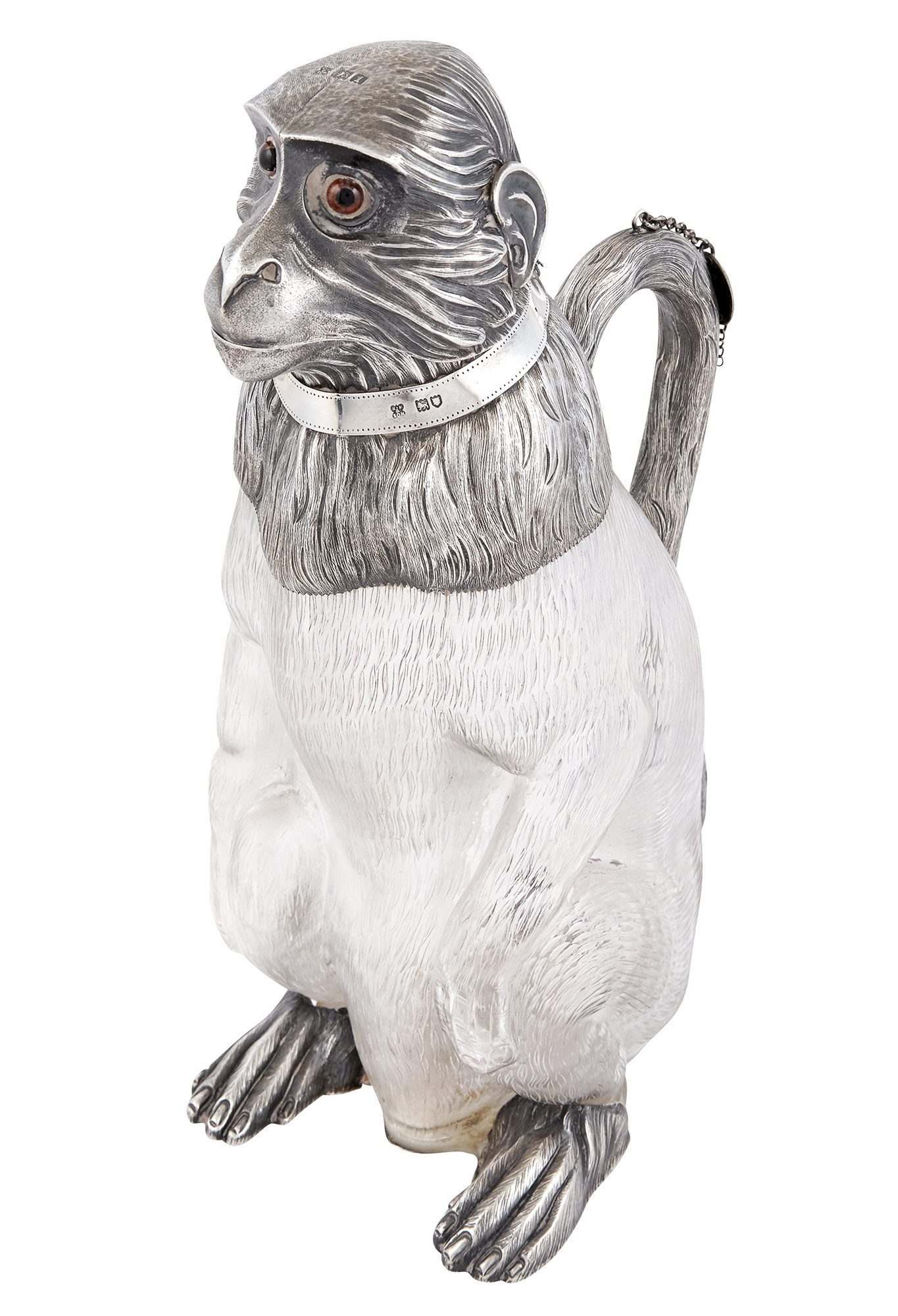 Lot image - Rare Edwardian Sterling Silver Mounted Glass Novelty Monkey-Form Claret Jug