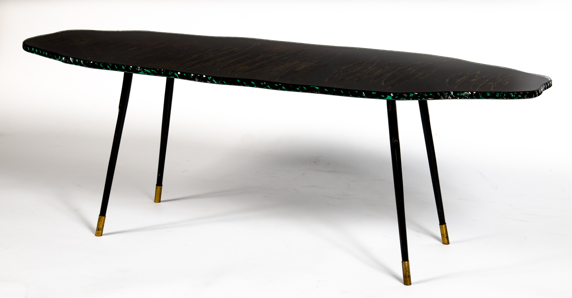 Lot image - Erwin Walter Burger Sand-Blasted Reverse-Painted Glass, Varnished Steel and Brass Low Table
