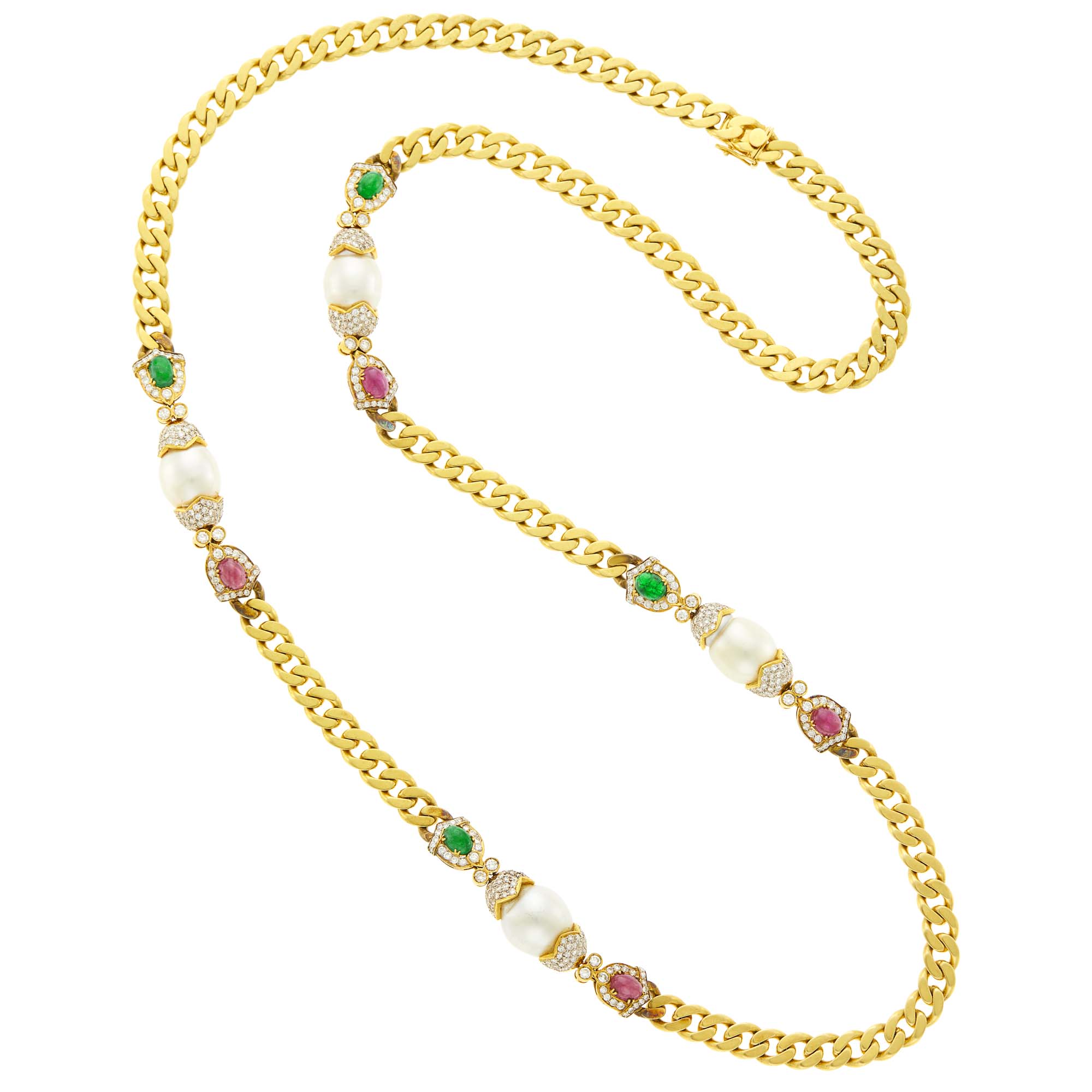 Lot image - Long Gold, South Sea Semi-Baroque Cultured Pearl, Cabochon Colored Stone and Diamond Curb Link Chain Necklace