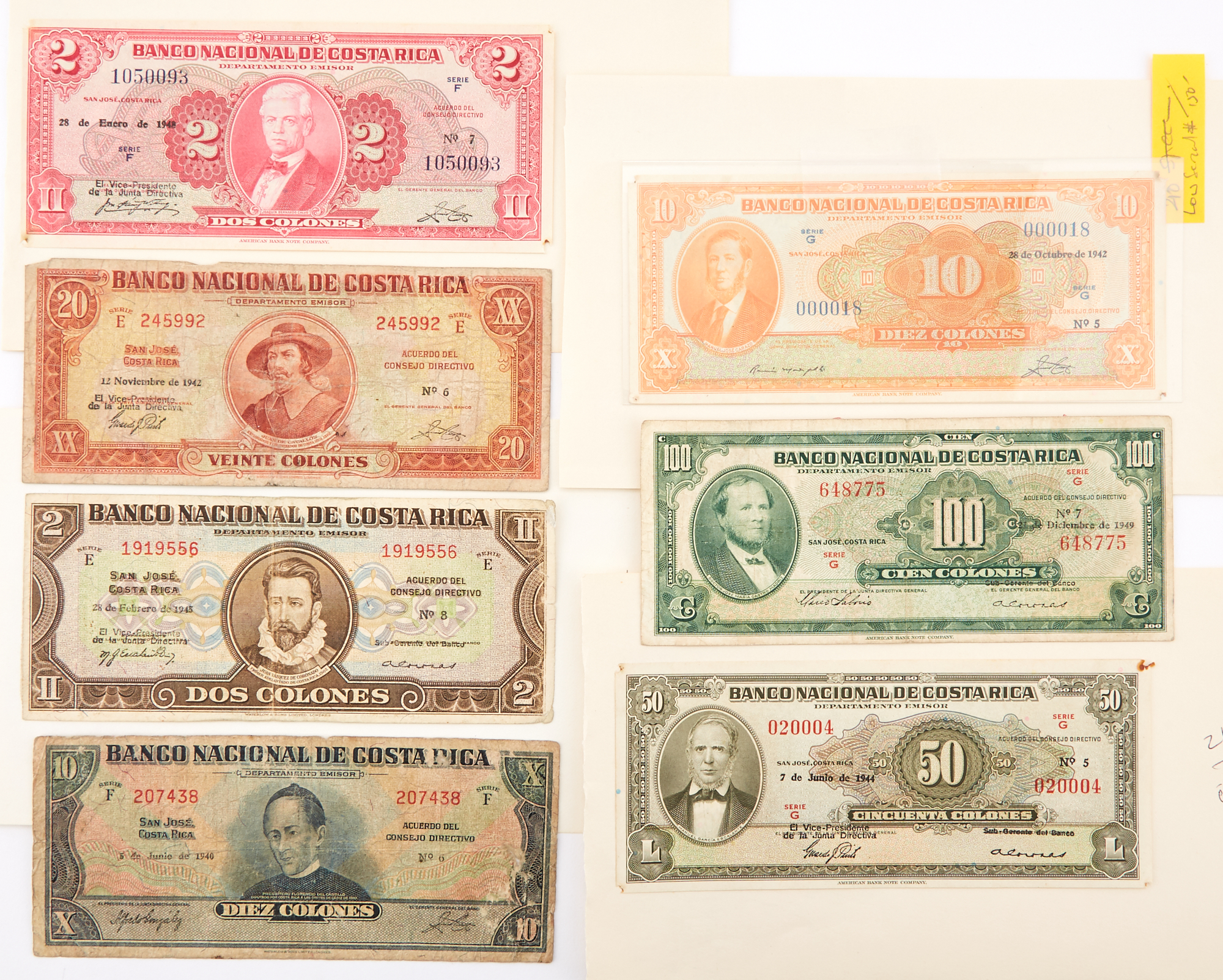 Lot image - Costa Rica, Banco Nacional 1941 to 1950 Bank Note Group