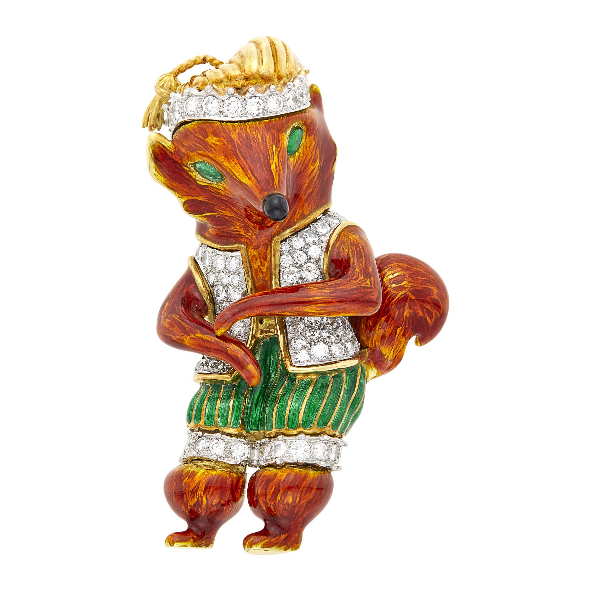 Lot image - Donald Claflin for Tiffany & Co. Gold, Platinum, Enamel and Diamond Fox Clip-Brooch