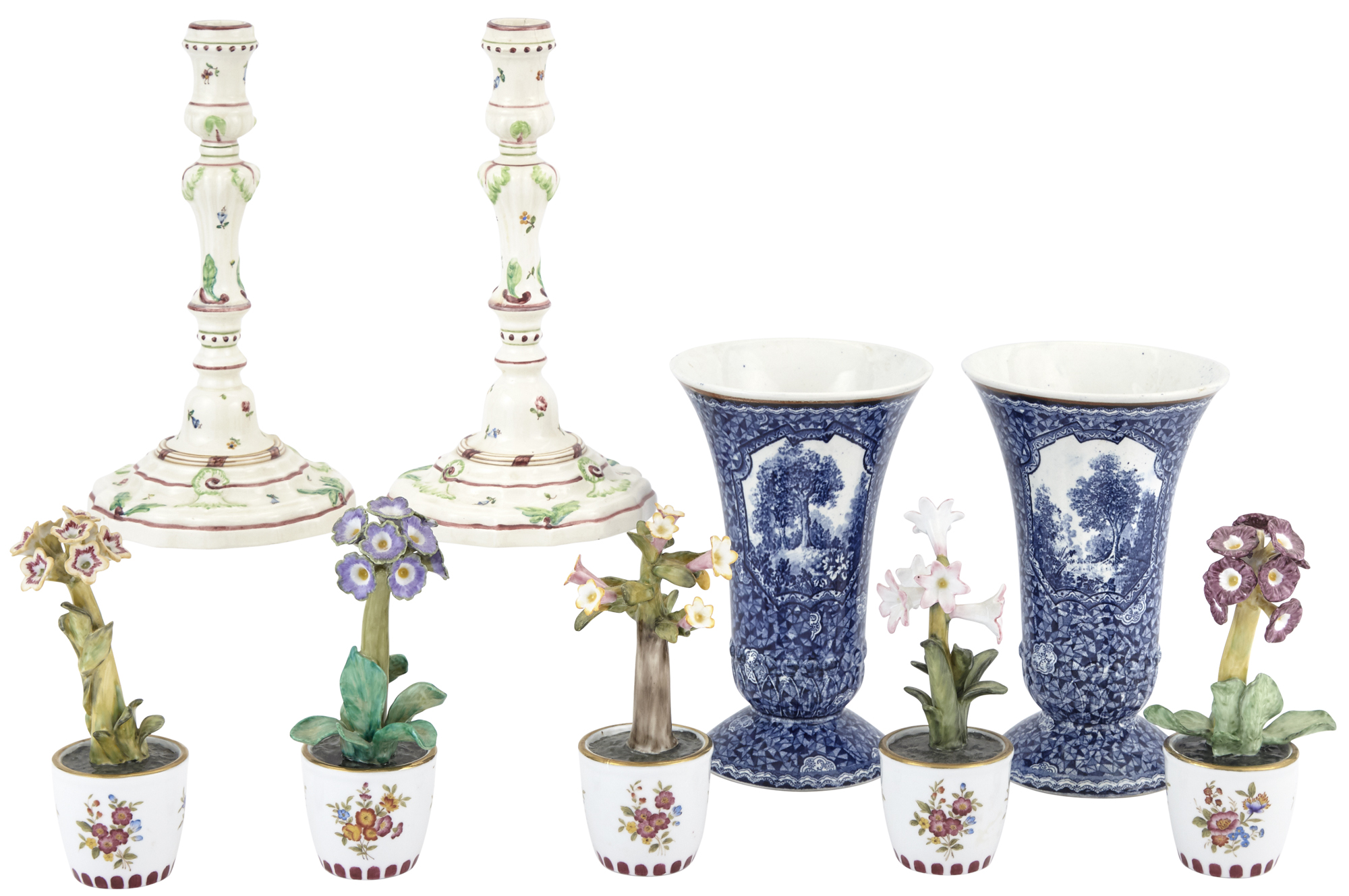 Lot image - Set of Five Porcelain Flowers in Tubs