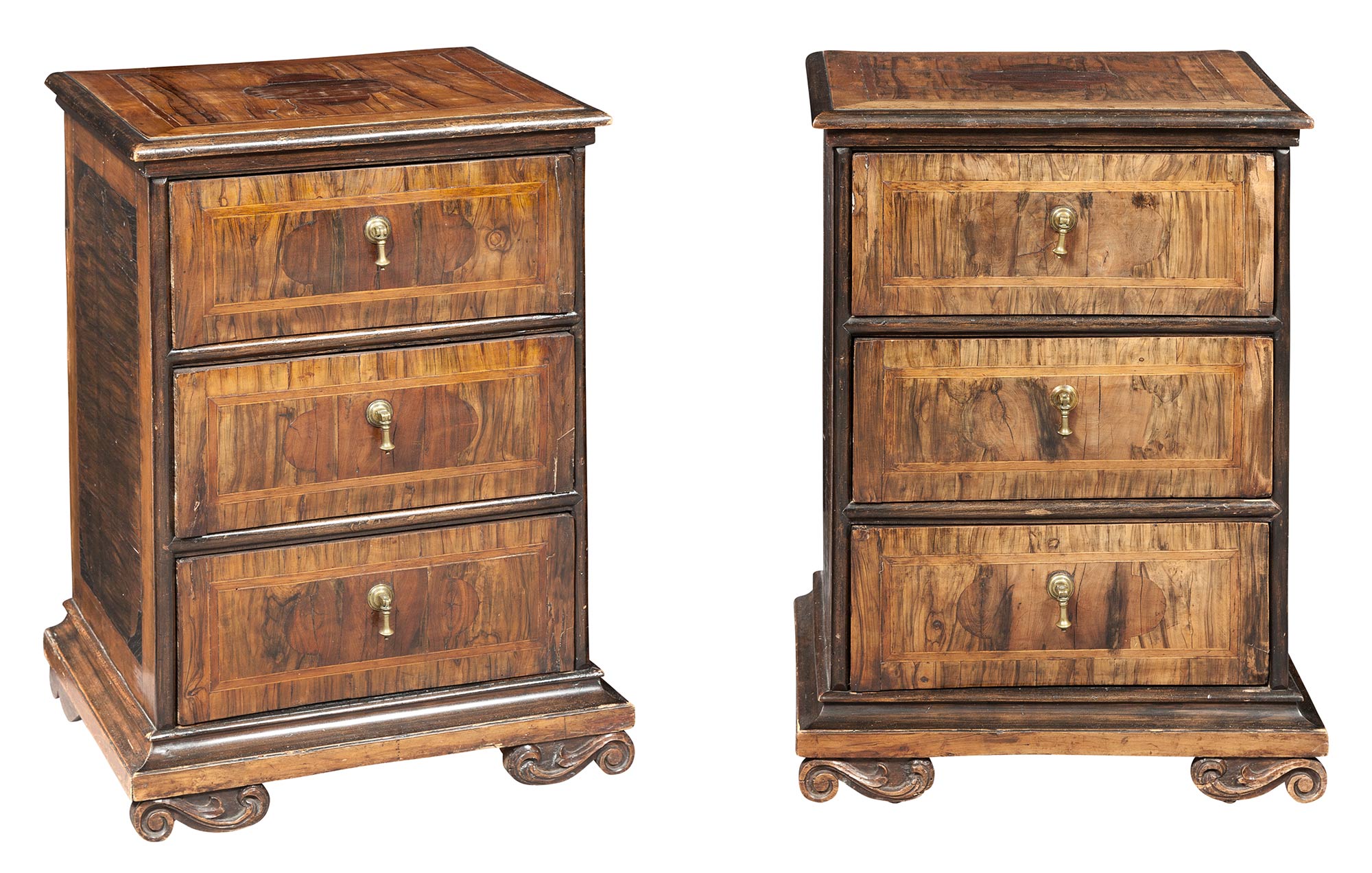 Lot image - Assembled Pair of Continental Inlaid Walnut and Fruitwood Small Chests of Drawers