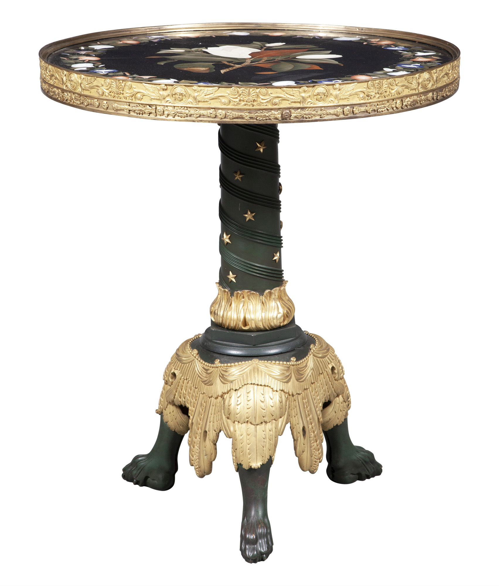Lot image - French Tole Painted Gilt-Bronze and Pietra Dura Side Table