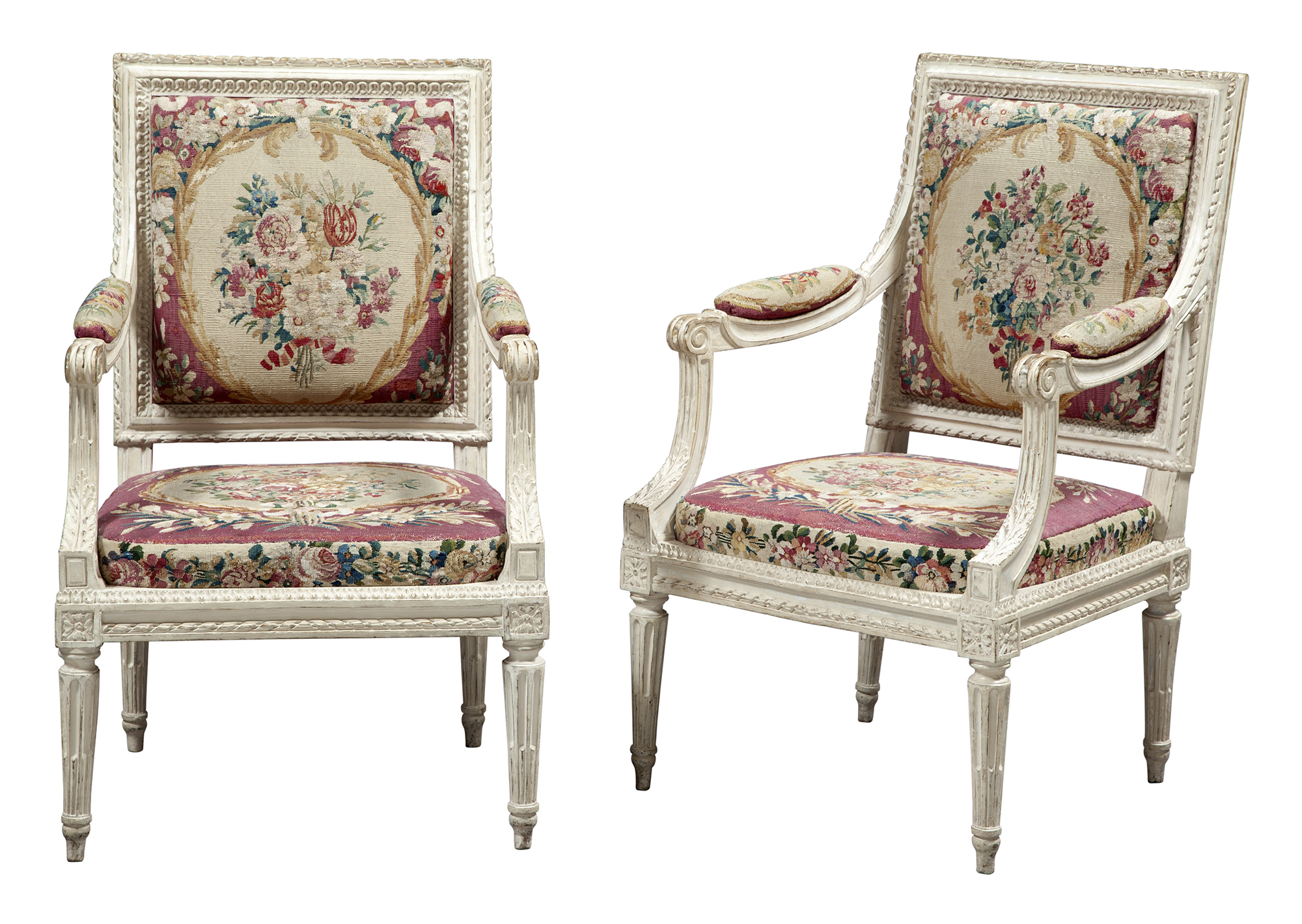 Lot image - Pair of Louis XVI Grey-Painted and Aubusson Tapestry-Upholstered Fauteuils a la Reine stamped I. B. Boulard