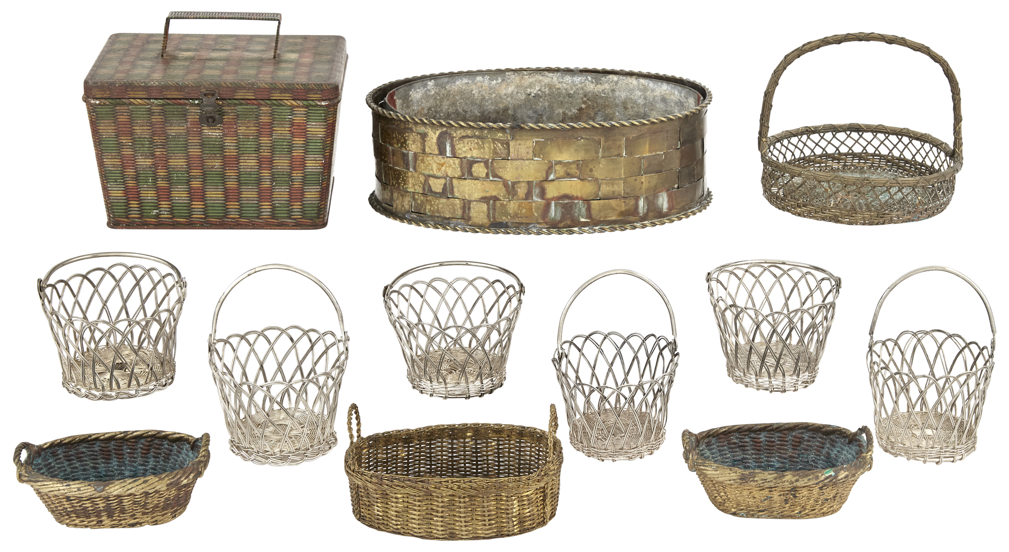 Lot image - Group of Five Woven Gilt Metal and Solid Brass Baskets