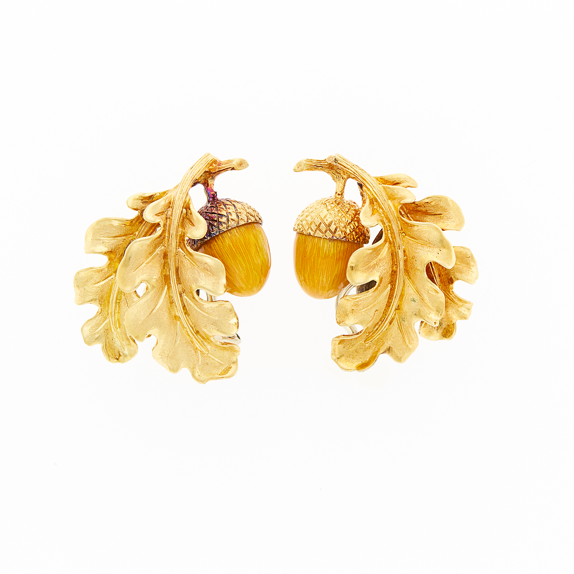 Lot image - Pair of Gold and Orange Enamel Acorn Earclips