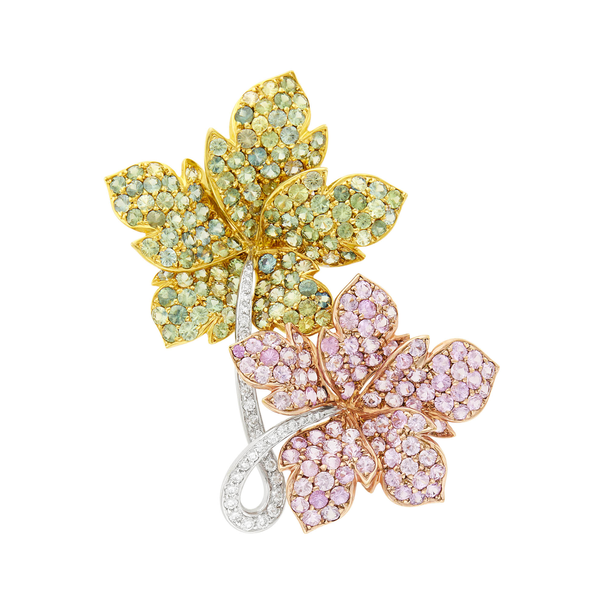 Lot image - Tricolor Gold, Multicolored Sapphire and Diamond Clip-Brooch