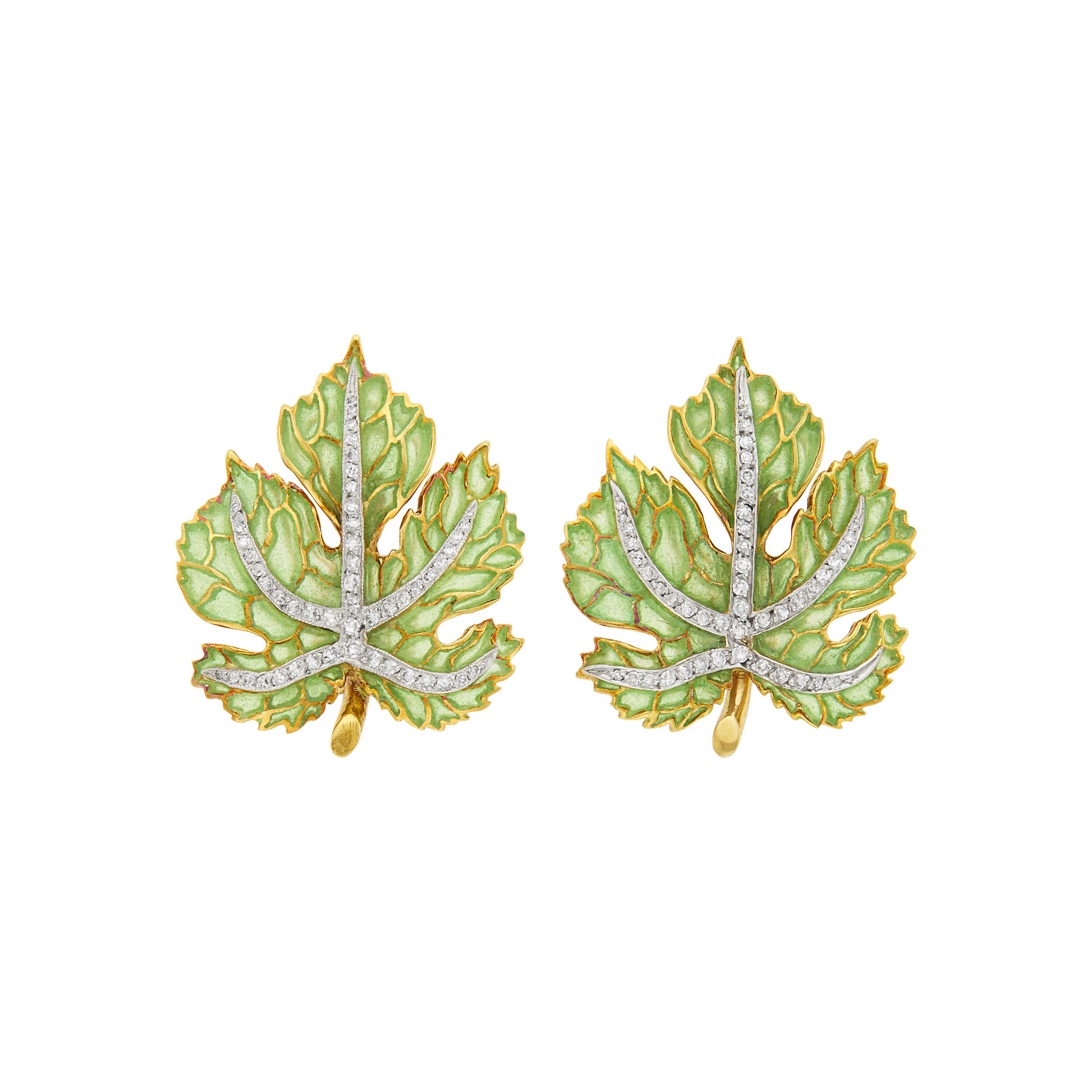 Lot image - Moira Pair of Two-Color Gold, Plique-à-Jour Green Enamel and Diamond Leaf Earclips