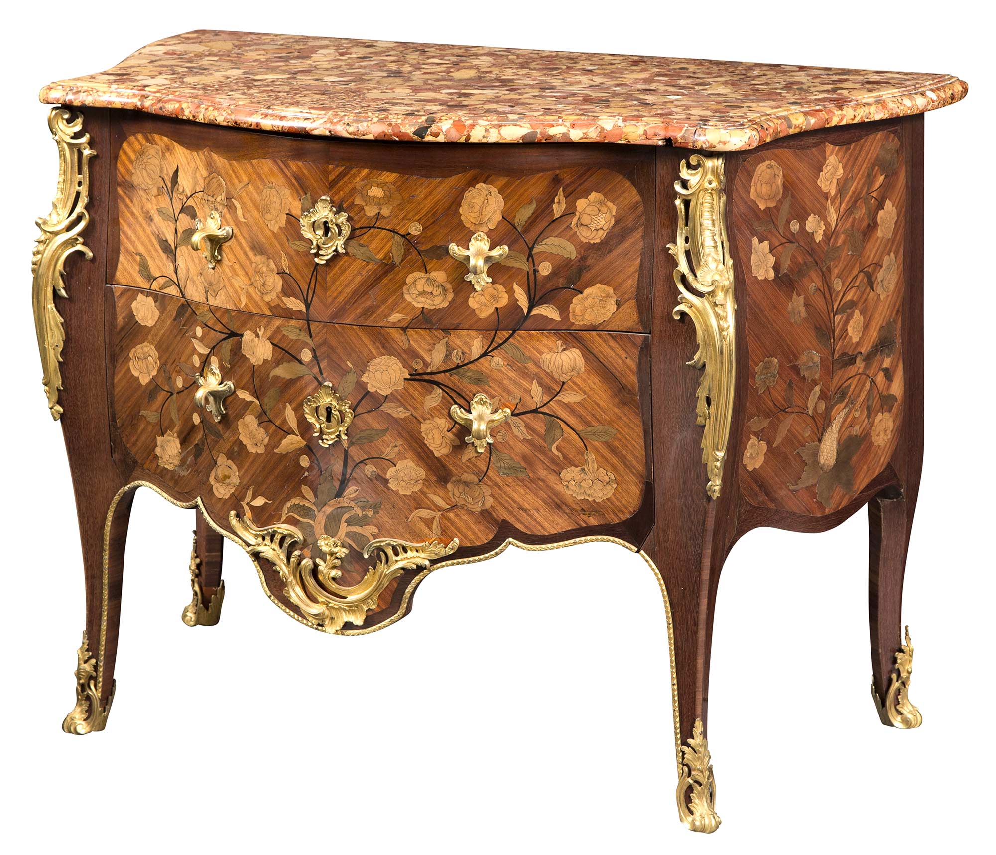 Lot image - Louis XV Ormolu-Mounted Bois Satiné, Amaranth, Fruitwood and Marquetry Commode stamped P. Garnier