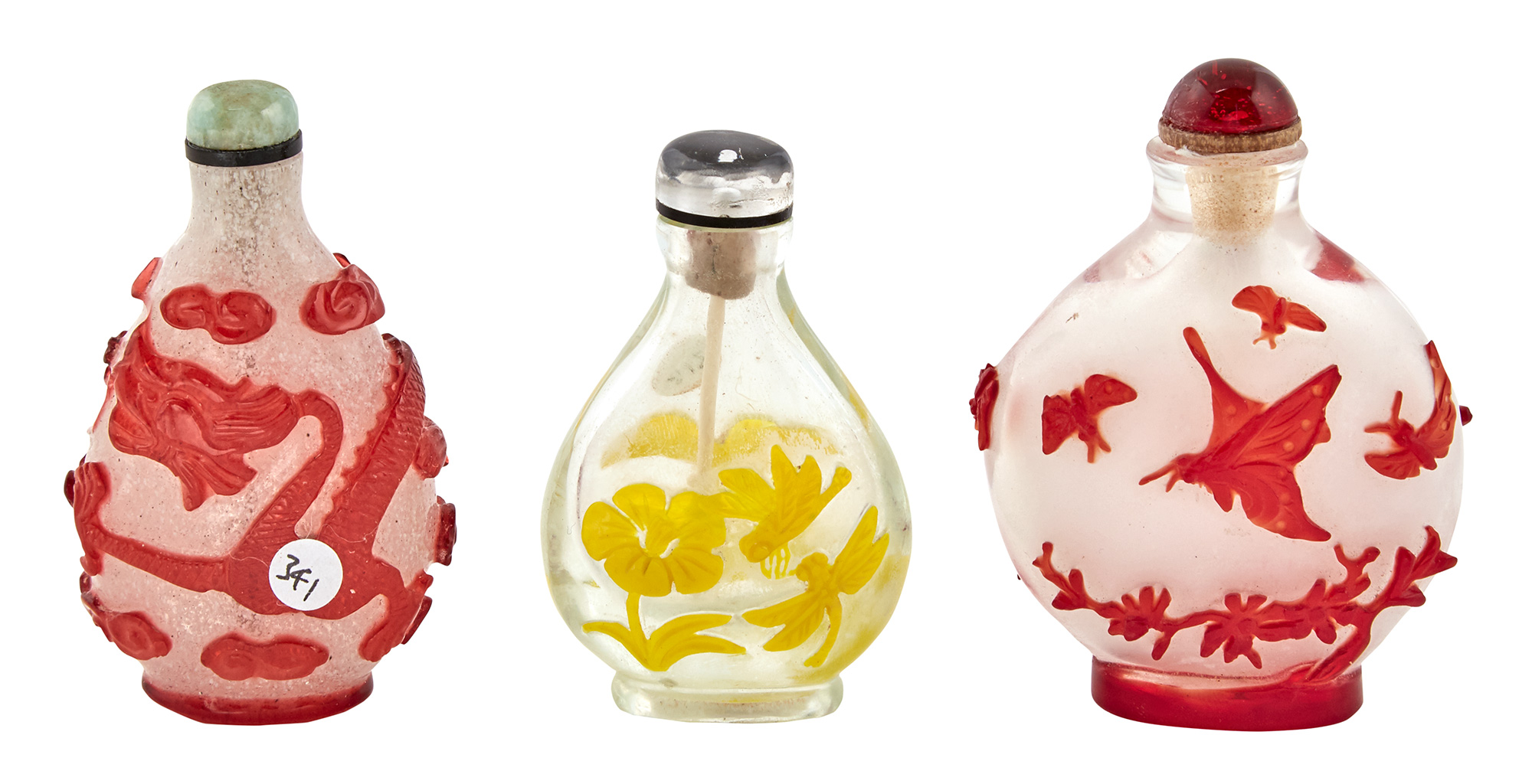 Lot image - Group of Three Chinese Glass Overlay Snuff Bottles