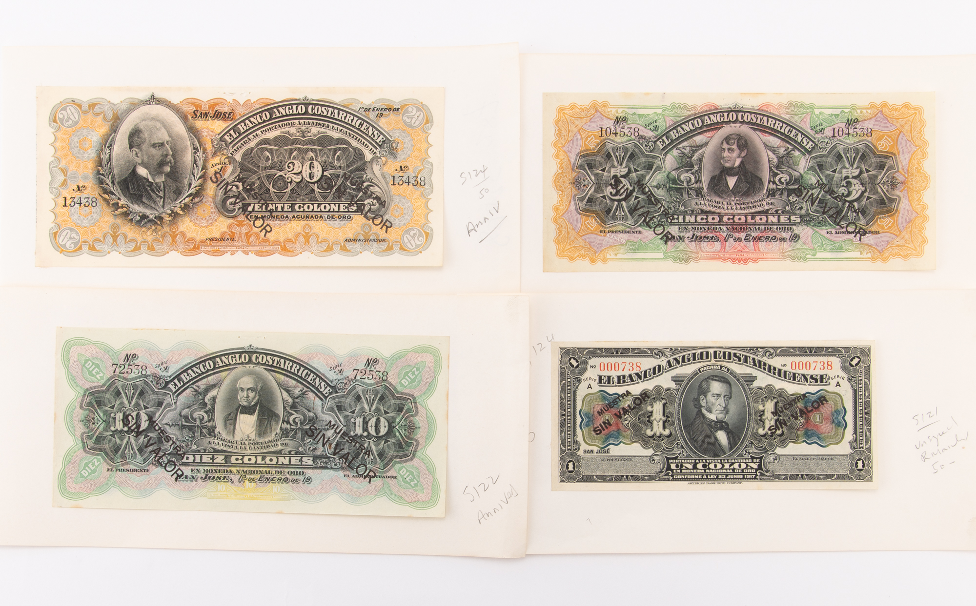 Lot image - Costa Rica, El Banco Anglo Costarricense Law of 23.5.1917 1 Colones to 20 Colones Specimen Notes Pick# 121-124