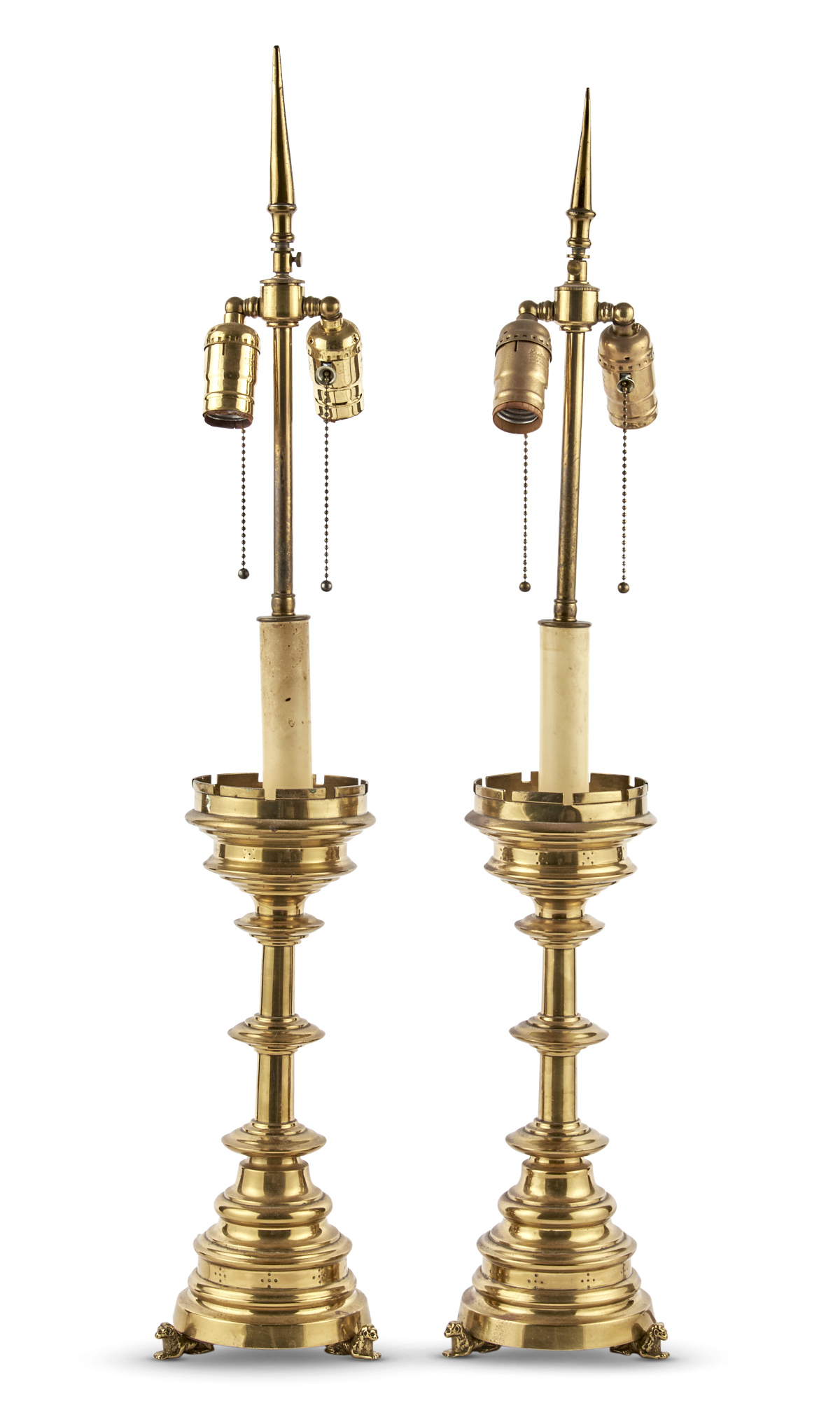 Lot image - Pair of Brass Pricket Candlestick Lamps