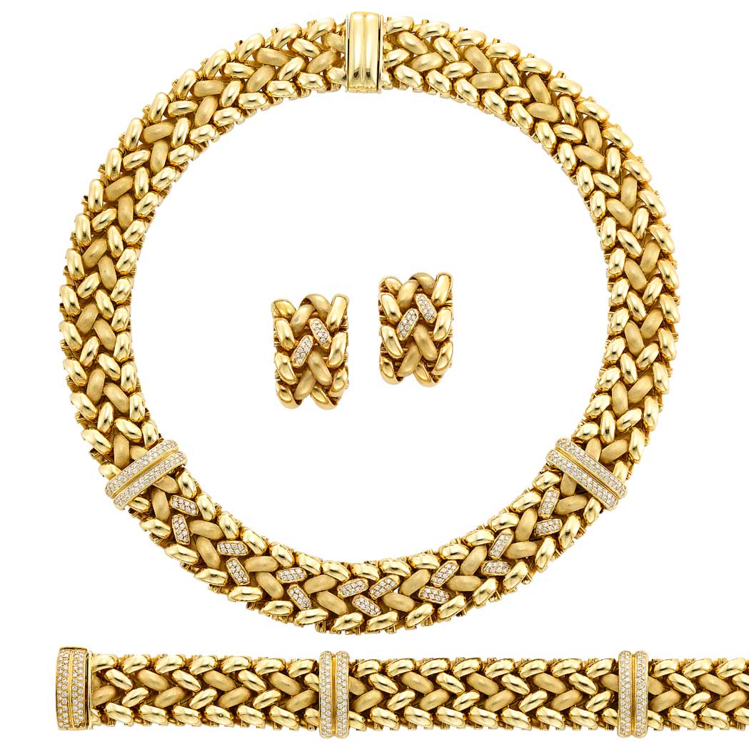 Lot image - Gold and Diamond Necklace, Bracelet and Pair of Earclips