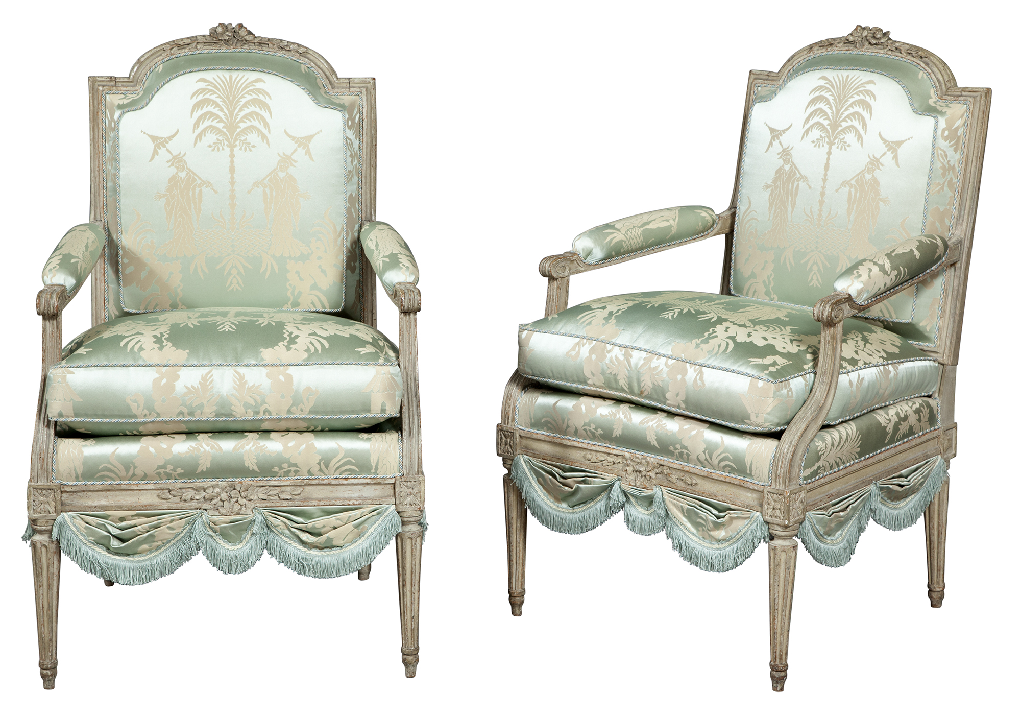Lot image - Pair of Louis XVI Painted Fauteuils a la Reine attributed to Claude II Sené